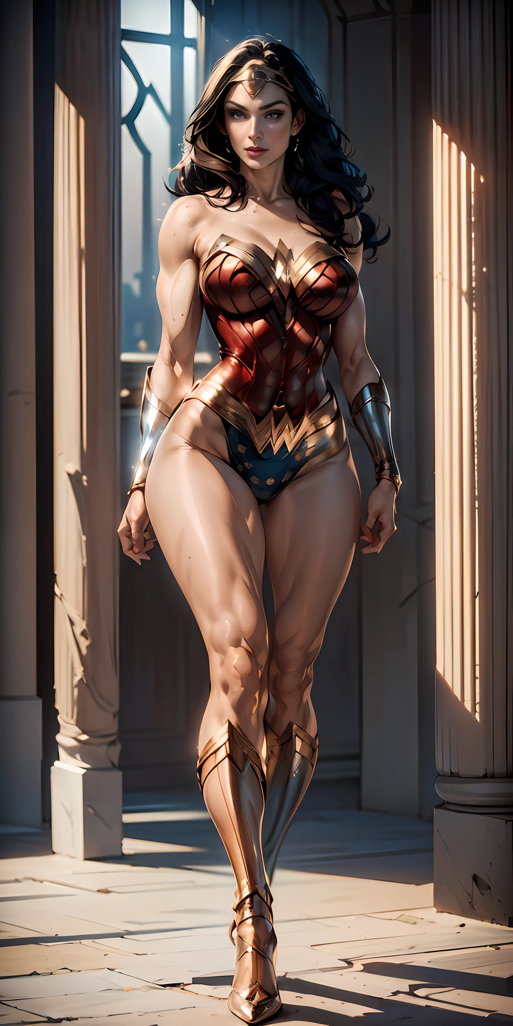 Wonder Woman, (intricate details, makeup), (delicate and beautiful delicate face, delicate and beautiful delicate eyes, perfectly proportioned face), (realistically glowing skin: 1.0), delicate skin, strong and realistic blue eyes, realistic black hair, lips, makeup, natural skin texture, tiara, jewelry, star \(symbol\), leotard, bulletproof gauntlet, red boots, golden belt, (public clothing: 1.5), bare shoulders, slightly sunburned complexion, mature, sexy, elastic muscles, (muscles:1.2), ((strong and healthy body)), (((more) muscles))), long legs, curves, (big breasts: 1.3), cleavage, thin waist, soft waist, (delicate skin), (beautiful and sexy woman), (swollen lips: 0.9), (eyelashes: 1.2), very delicate muscles, perfect body, whole body, shoes visible, frontal, full-length, looking at the camera, facing the audience, standing pose, simple background, three-dimensional light, detailed full-body concept, sleek digital concept art, beautiful full-body concept art, art trend, full-length CGsociety,