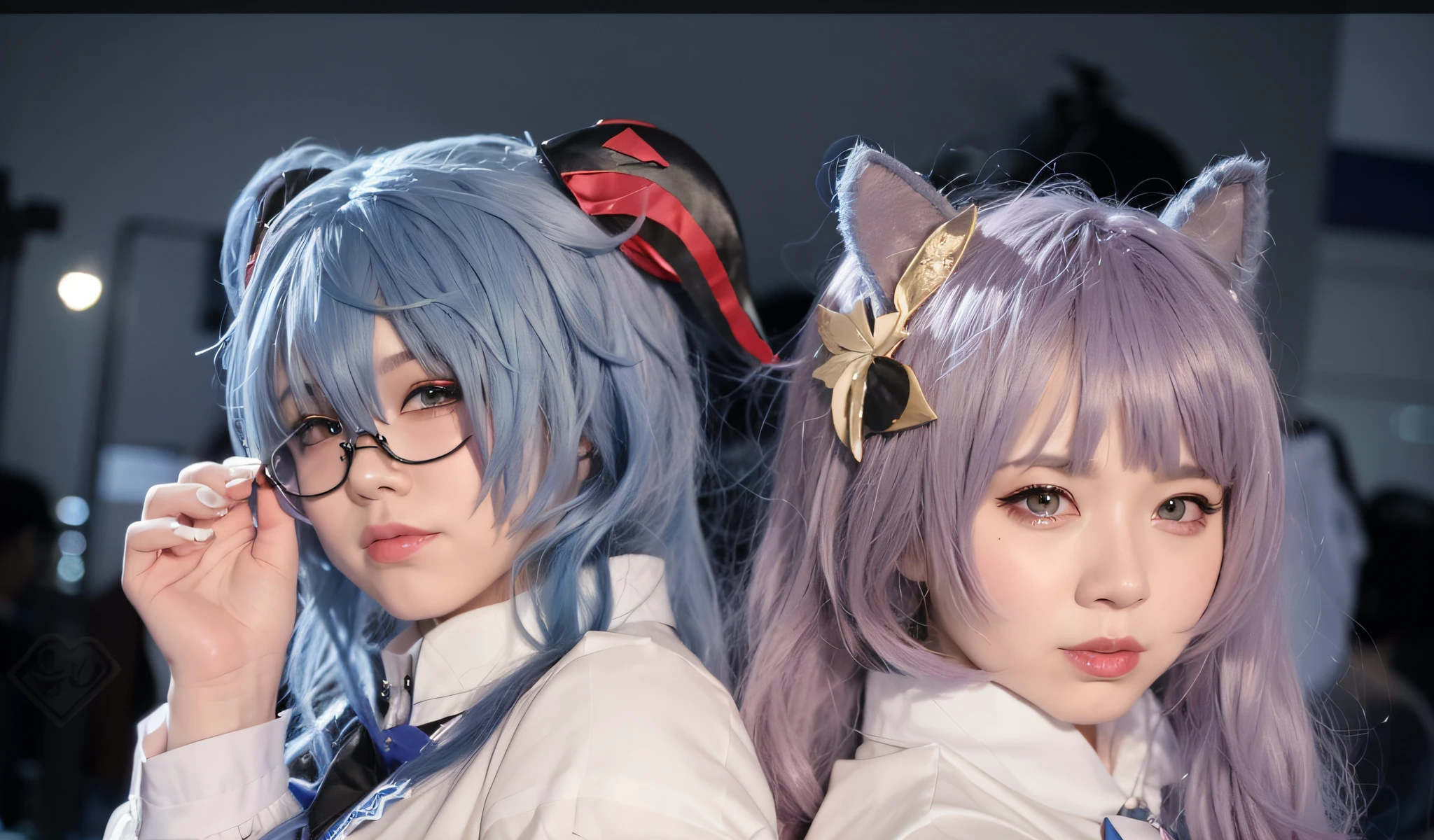 two women with blue hair and cat ears are posing for a picture, anime cosplay, anime inspired, professional cosplay, cosplay, nixeu and sakimichan, anime style mixed with fujifilm, inspired by Leng Mei, anime style, twintails, anime girl cosplay, anime styled, cosplay photo, sakimichan, anime style only, anime style. 8k