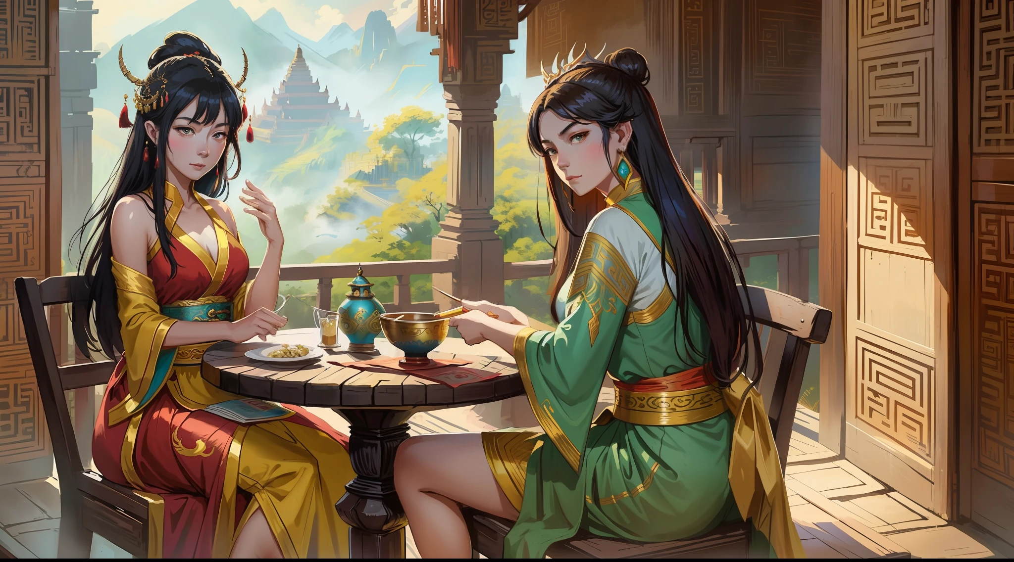 ancient bURMESEmythology, traditional style, greg rutkowski, bashful queen, gorgeous, isekai fantasy, wuxia genre, sitting at a table, (highly stylized artstyle), landscape, pagodas, Bagan, Myanmar