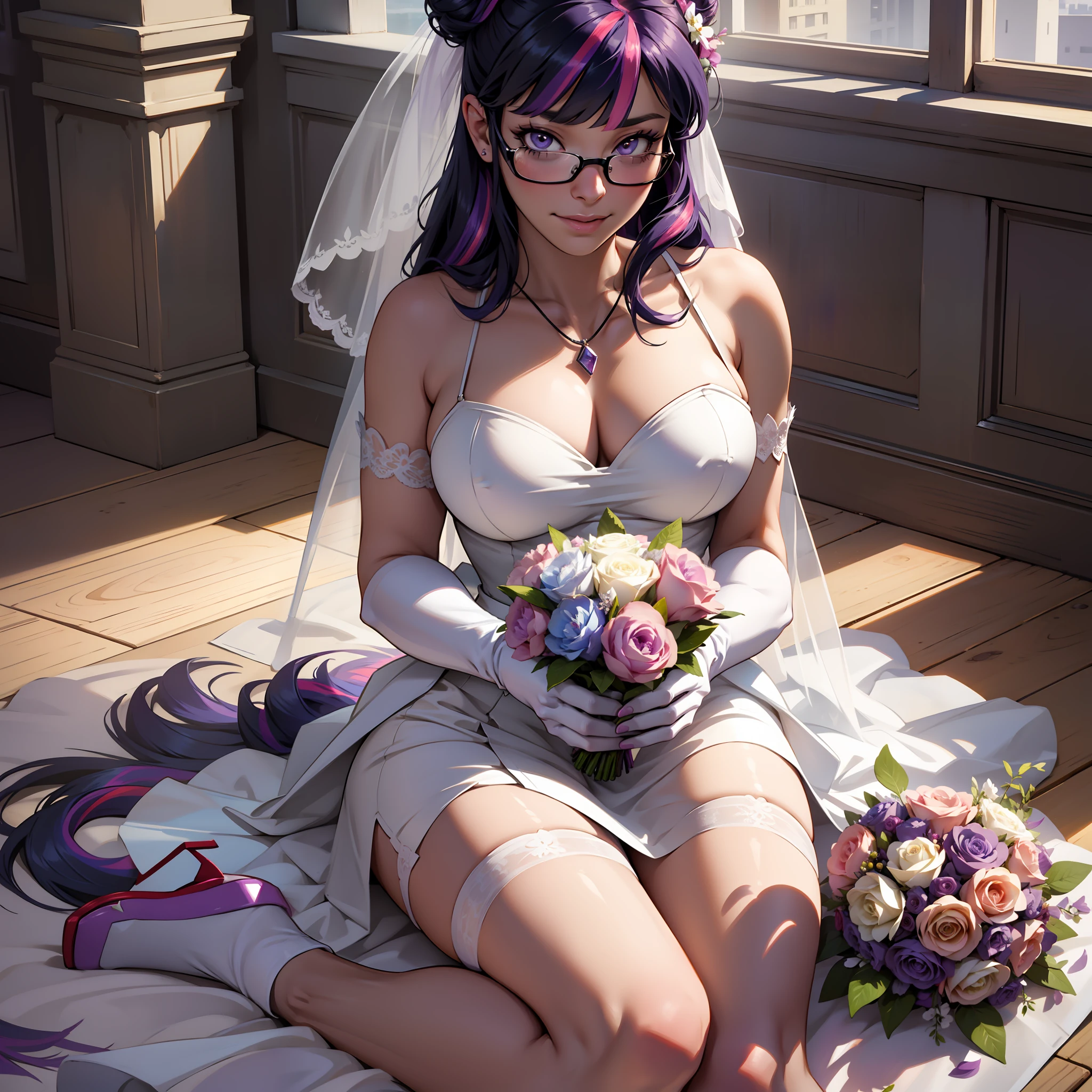 Twilighthuman, Twilight Sparkle, Twilight Sparkle from my little pony, Twilight Sparkle in the form of a girl, big breasts, lush breasts, voluminous breasts, firm breasts, shin, heels, feet, five fingers, detailed hands, two hair tones, wedding, getting married, wedding dress, bouquet of flowers, white dress, white gloves, white tights with garters white shoes, solo, one character, happy face, hairstyle bun, wears black glasses