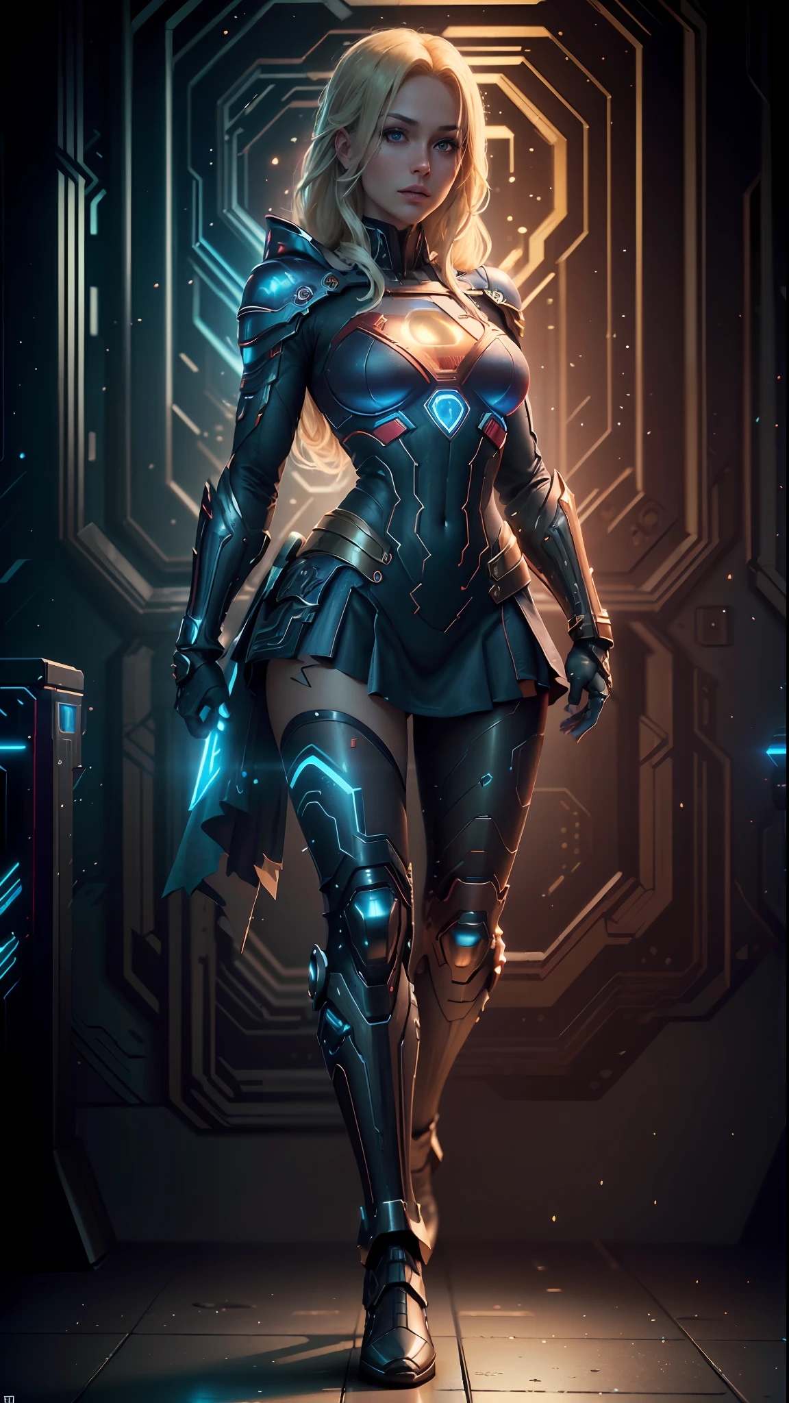 ((Best Quality)), ((Masterpiece)), (Detailed: 1.4), 3D, an image of a beautiful cyberpunk Supergirl,HDR (High Dynamic Range),Ray Tracing,NVIDIA RTX,Super-Resolution,Unreal 5,Subsurface Dispersion, PBR Texture, Post-processing, Anisotropic Filtering, Depth of Field, Maximum Clarity and Sharpness, Multilayer Textures, Albedo and Specular Maps, Surface Shading, Accurate Simulation of Light-Material Interaction, Perfect Proportions, Octane Render, Two-Tone Lighting,Wide Aperture,Low ISO,White Balance,Rule of Thirds,8K RAW,CircuitBoardAI, Blonde Hair, Blue Eyes, Superman S Symbol on Chest, Red Color Boots.