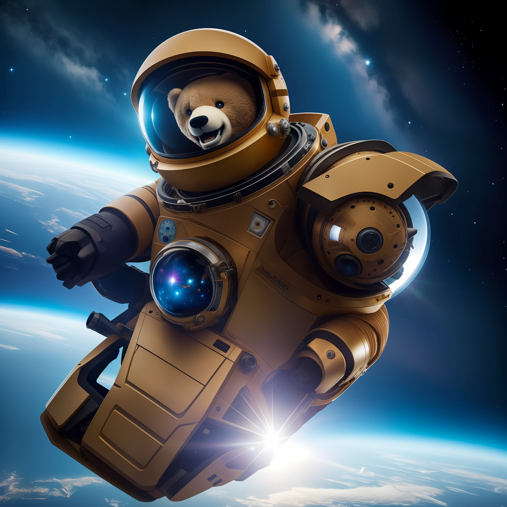 A hyper-realistic image that depicts Leonardo DiCaprio in space, smiling as he floats in zero gravity. At his side is a robot bear that follows his movement with curiosity. Leonardo is dressed in a futuristic space suit, equipped with all the details and technologies necessary for space exploration. His face radiates joy and fascination as her hair floats gently around him. The surrounding space environment is stunning, with bright stars and colorful nebulae filling the background. The sunlight reflected off the visor of Leonardo's helmet creates a dazzling effect, highlighting his facial features and captivating expression. The robot bear is represented in incredible detail, with bright metallic textures and realistic joints. Their presence adds an element of surprise and wonder to the scene, showing the fusion between technology and space exploration. The sense of zero gravity is accurately portrayed, with floating objects around Leonardo and the sense of freedom that accompanies weightlessness. The image is captured in high resolution (8k), allowing every detail, from facial expressions to the small details of the spacesuit and robot bear, to be viewed with extreme clarity. This hyper-realistic image conveys the joy of space exploration and the wonder of a unique encounter between Leonardo DiCaprio and a robot bear in an off-world environment.