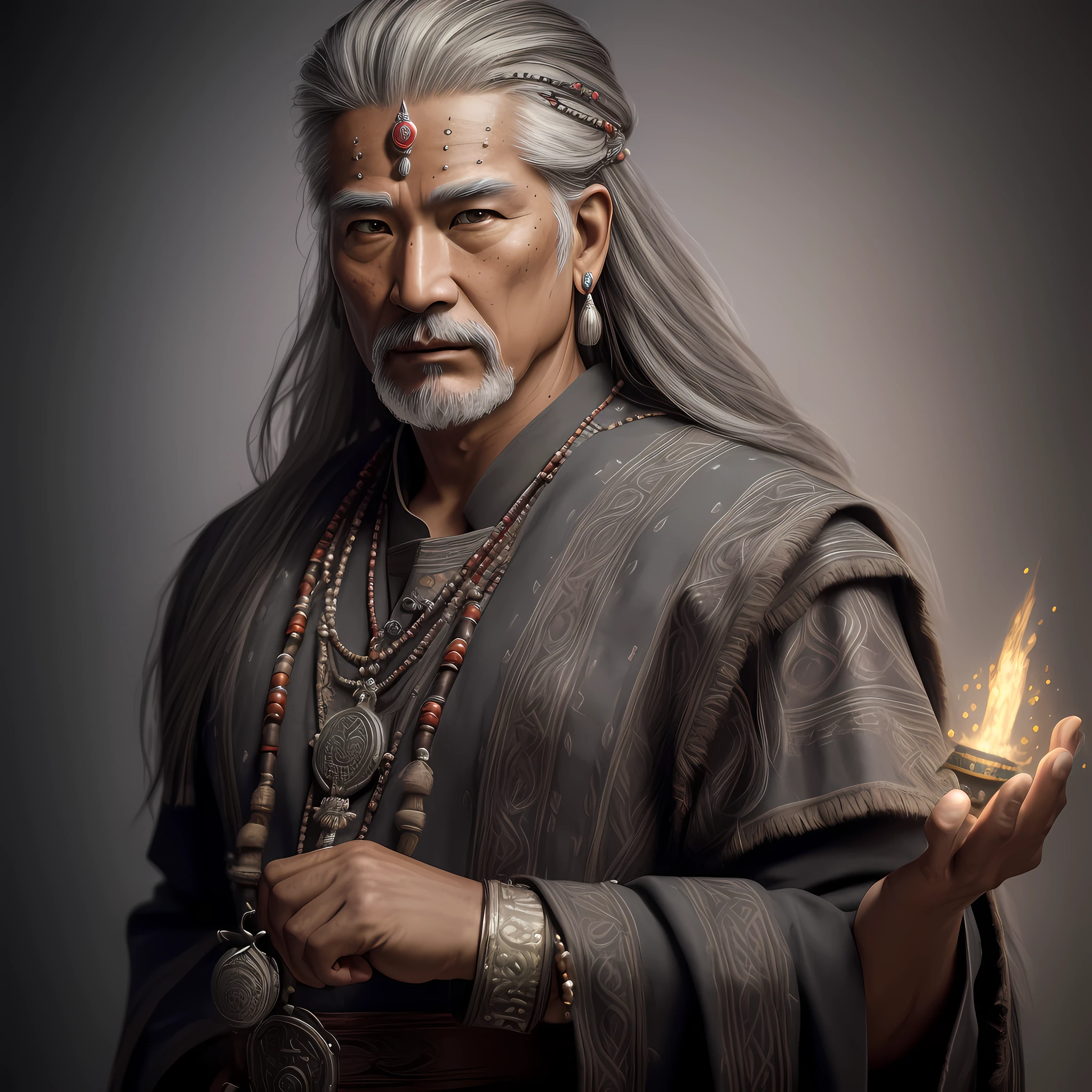 (full portrait), (half shot), solo, detailed background, detailed face, wise, (male), (Asian), (grey hair), shaman, mystical, (gorgeous face), calm, meditating, priest frock, prayer beads, tribal jewelry, jade, obsidian, detailed clothing, realistic skin texture, sharp focus, volumetric lighting, good highlights, good shading, subsurface scattering, intricate, highly detailed, ((cinematic)), dramatic, (highest quality, award winning, masterpiece:1.5), (photorealistic:1.5), (intricate symmetrical warpaint),