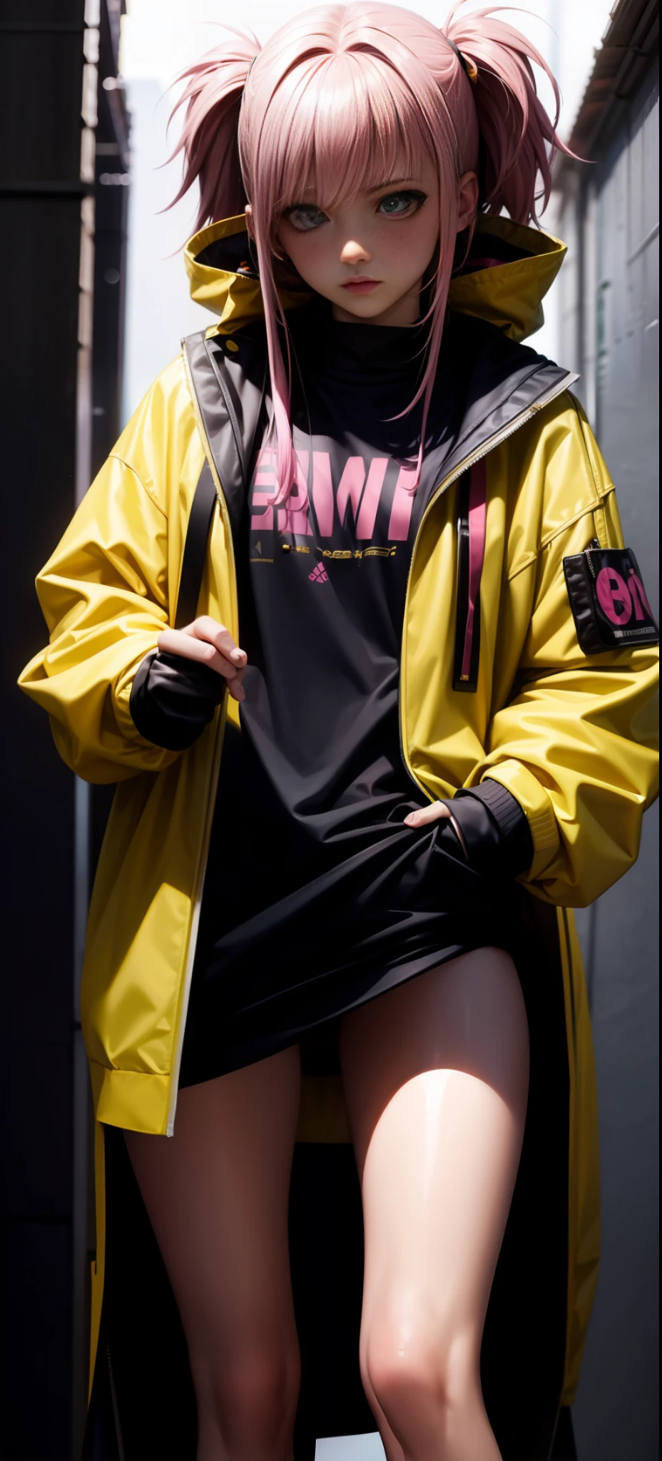 1girl, Jesse Pinkman, gijinka, loose genes, pink hair, naked yellow jacket, gamer girl, stockings, (masterpiece:1.2), (best quality:1.3), (blush), (aesthetic face).