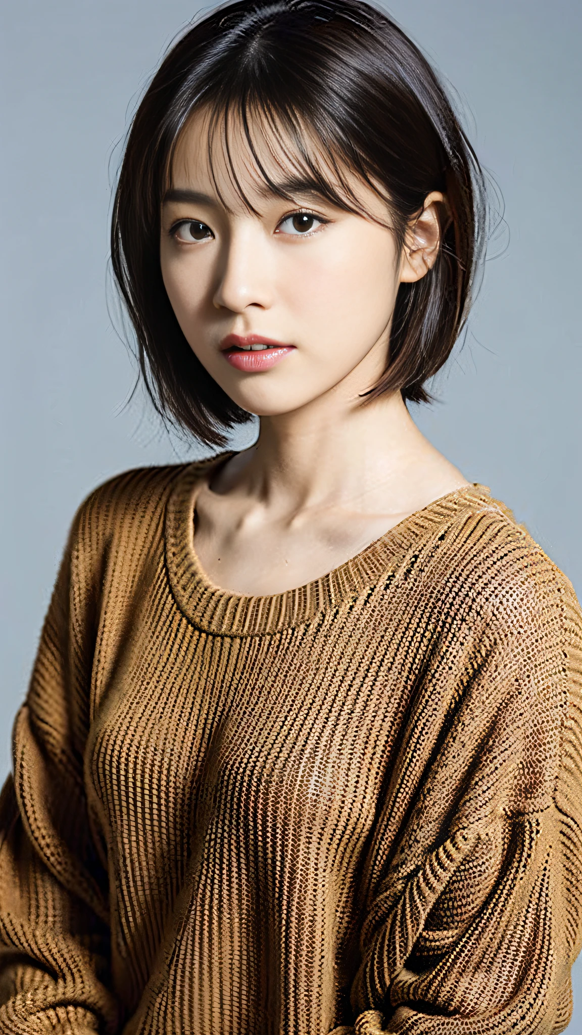 (Best Quality, 8k, 32k, Masterpiece, UHD: 1.2), Japan Beauties, Big, Very Short Bob Hair, Upper Body, Face Focus, Sweater, Simple Background, Watch Viewers