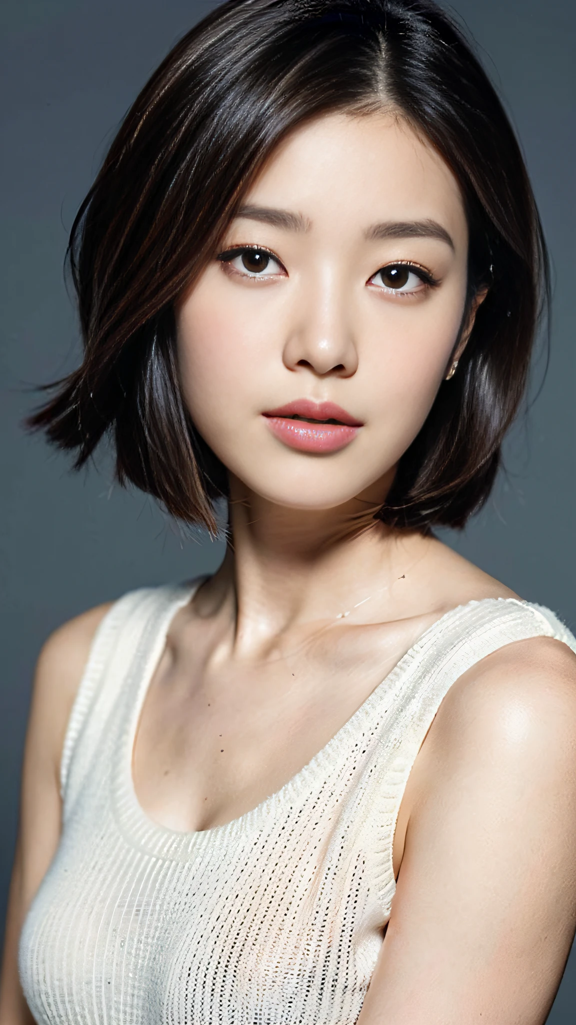(Best Quality, 8k, 32k, Masterpiece, UHD: 1.2), Japan Beauties, Big, Very Short Bob Hair, Upper Body, Face Focus, Sweater, Simple Background, Watch Viewers