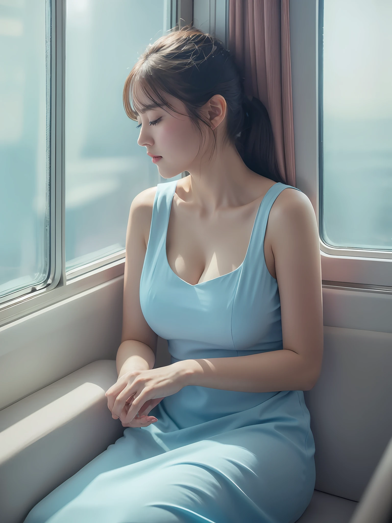 train, dozing off in the window seat, light blue sleeveless dress, big, cleavage visible,