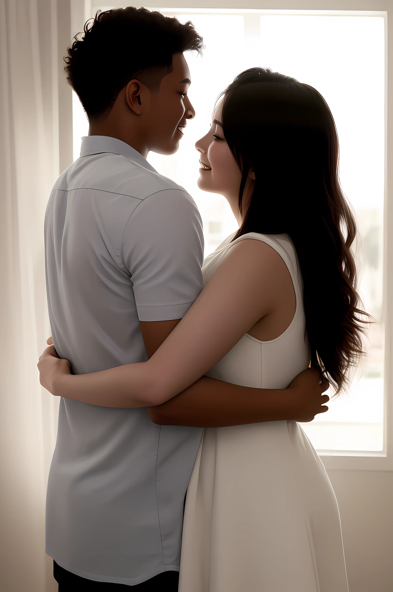 young man and young woman hugging, white silhouette