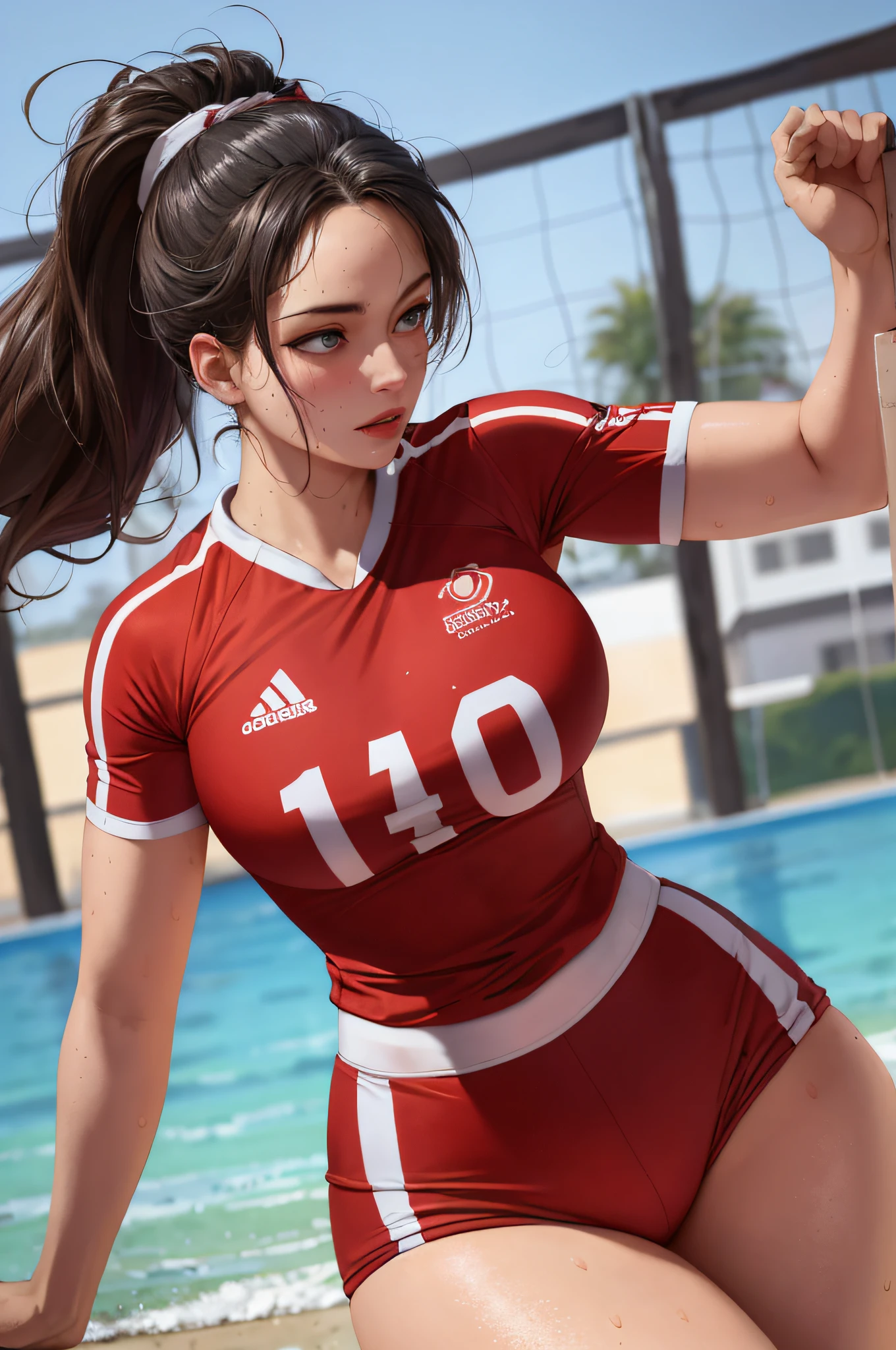 Masterpiece: 1.2, Best Quality), Realism, (Real Pictures, Intricate Details, Depth of Field), (1girl, Solo), Makeup, Lips Parting, High Detail, Perfect Face, (Huge Tits: 1.4), (Skindentation), Thick Thighs, Wide Buttocks, Thin Waist, Tall, Coral Lips, Blue Eyes, Ponytail, (Girl Playing Volleyball, Red Volleyball Uniform), (Sweating: 1.2), (Wet), Sexy, Blushing,