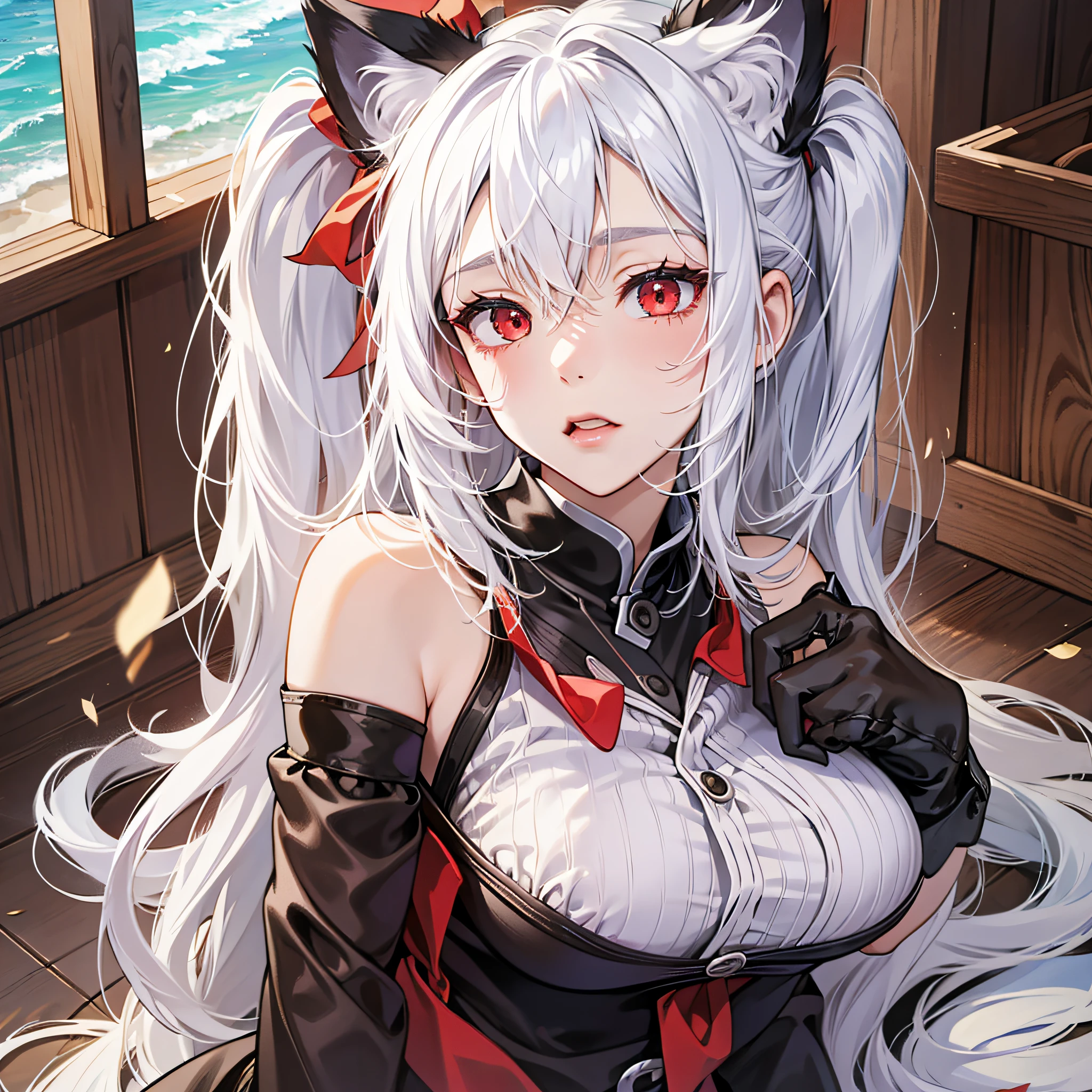Loli white hair, red eyes, cat ears, leaky chest, leaky seduction seaside --auto --s2