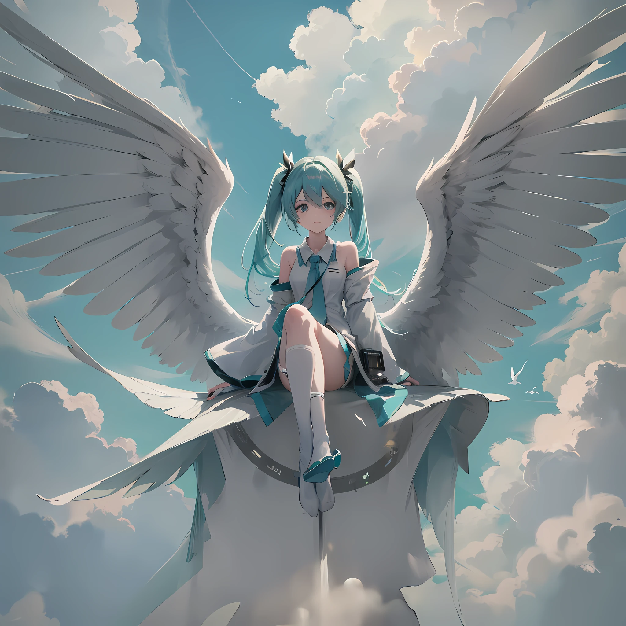 hatsune miraku, sitting, front view, wide angle, looking at the viewer, on the clouds, clouds, detailed birds, detailed appearance, octane renderer, realistic 3D, sunlight, actual rendering, screen space reflection, ssao, water reflection, underground scattering, edge lighting