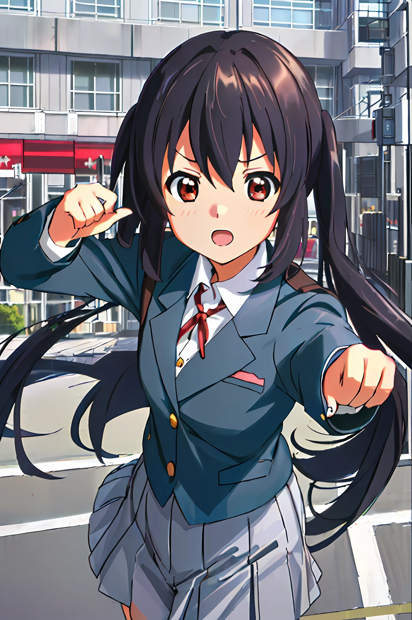 1girl, ((((Masterpiece))), Best Quality, Best Quality, High Detail, Azusa Nakano, 1girl, Sakuragaoka High School Uniform, Musical Instrument, School Uniform, Twin Tails, Long Hair, Black Hair, Brown Eyes, Solo, Red, Dark blue blazer with a thin ribbon of red, Solid white button shirt under blazer, Illustration, Cartoon, Soothing tones, Muted colors, Soft cinematic light, Adobe Lightroom, Photo Lab, HDR, complex and highly detailed, (((depth of field))))). (((Masterpiece))). (((highest quality))).) ((super detail))). (((Illustration))). (((Outside))). (((fighting stance))).,((((Giantization))).dynamic focus.small breasts. (((skyscrapers))). (((Cityscape))). (((Face of sadness))). open mouth.