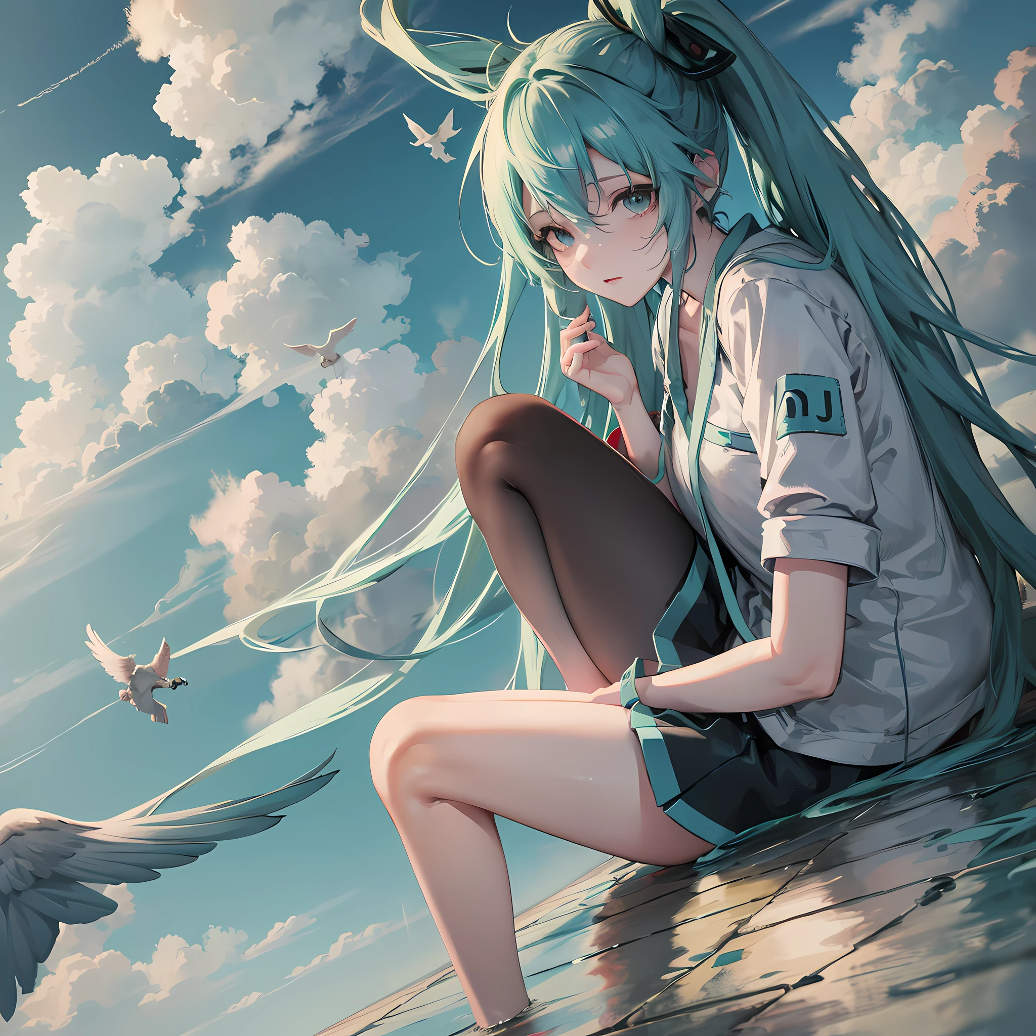 hatsune miraku, sitting, front view, wide angle, looking at the viewer, on the clouds, clouds, detailed birds, detailed appearance, octane renderer, realistic 3D, sunlight, actual rendering, screen space reflection, ssao, water reflection, underground scattering, edge lighting