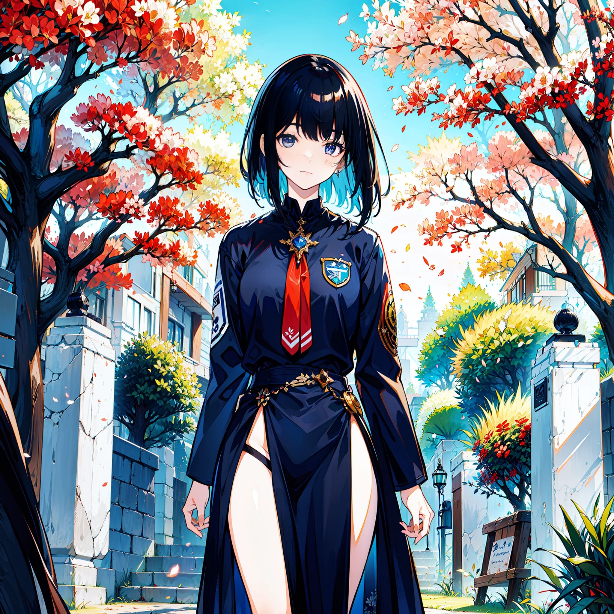 left, woman, two, black hair, long hair, right, woman, black hair, short hair, high school student, both in uniform, stylish, cherry blossoms, watch viewer