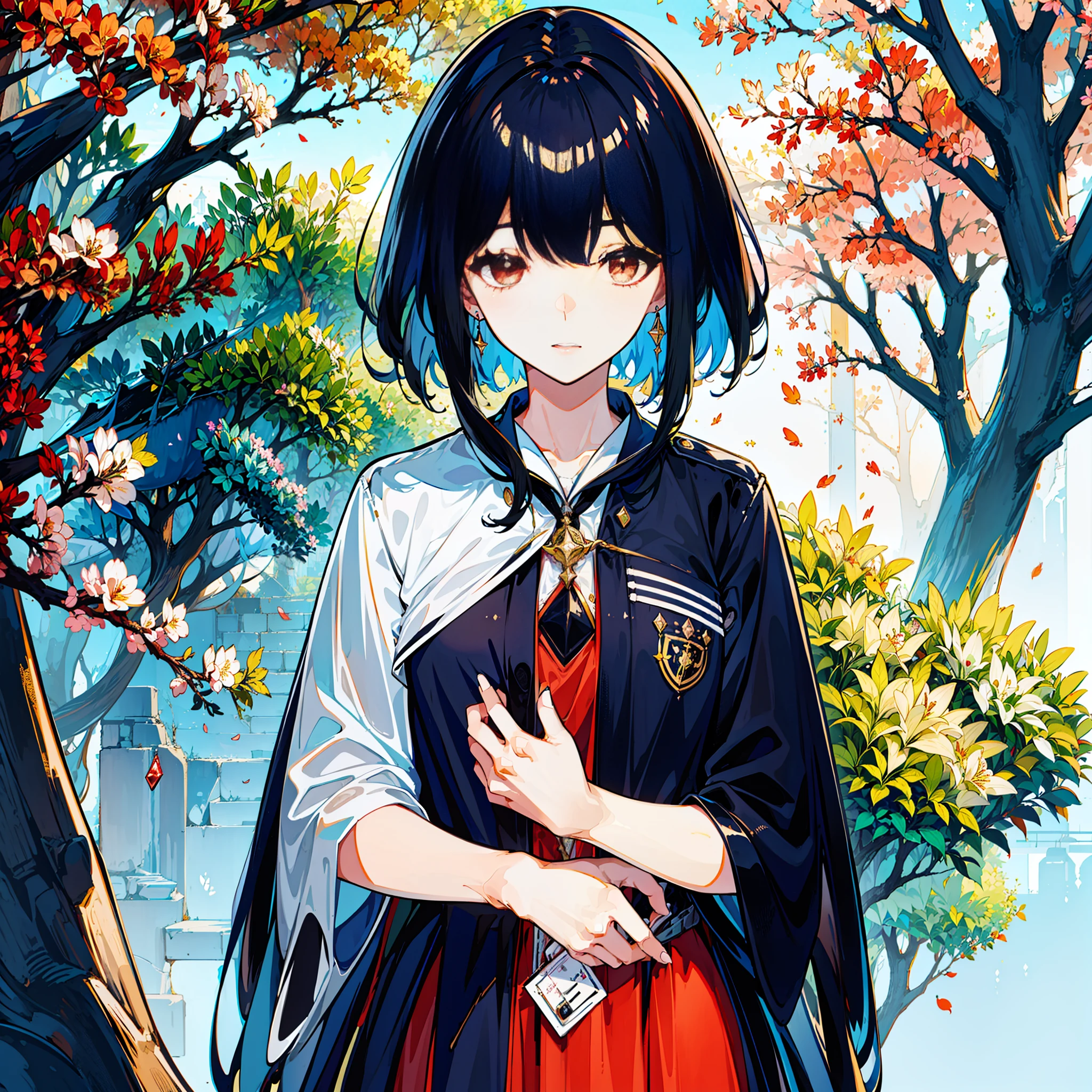 left, woman, two, black hair, long hair, right, woman, black hair, short hair, high school student, both in uniform, stylish, cherry blossoms, watch viewer