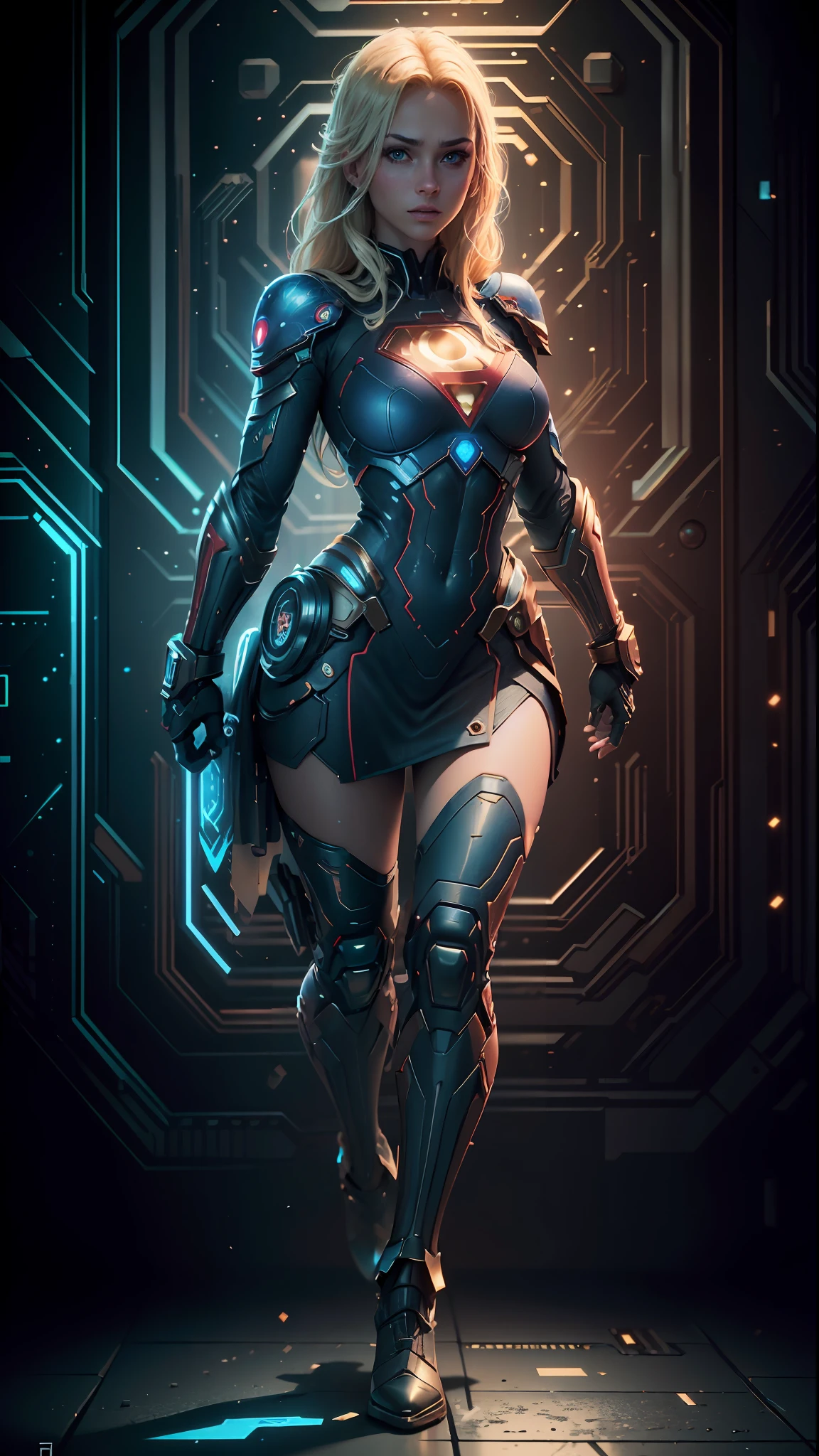 ((Best Quality)), ((Masterpiece)), (Detailed: 1.4), 3D, an image of a beautiful cyberpunk Supergirl,HDR (High Dynamic Range),Ray Tracing,NVIDIA RTX,Super-Resolution,Unreal 5,Subsurface Dispersion, PBR Texture, Post-processing, Anisotropic Filtering, Depth of Field, Maximum Clarity and Sharpness, Multilayer Textures, Albedo and Specular Maps, Surface Shading, Accurate Simulation of Light-Material Interaction, Perfect Proportions, Octane Render,  Two-Tone Lighting,Wide Aperture,Low ISO,White Balance,Rule of Thirds,8K RAW,CircuitBoardAI, Blonde Hair, Blue Eyes, Superman S Symbol on Chest, Red Color Boots.