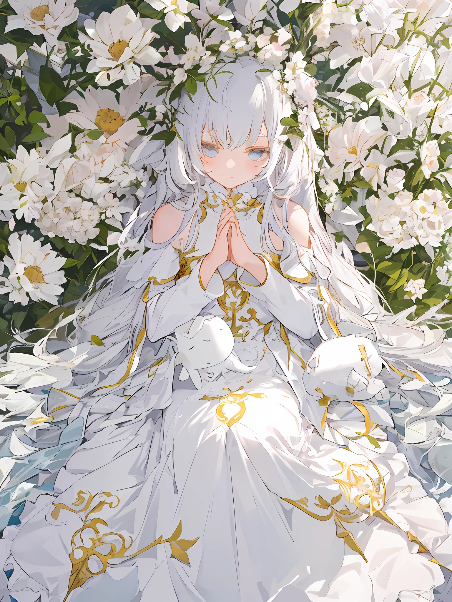Masterpiece, best quality, a girl with long hair, soft white clothes, alone in a never-ending flower field