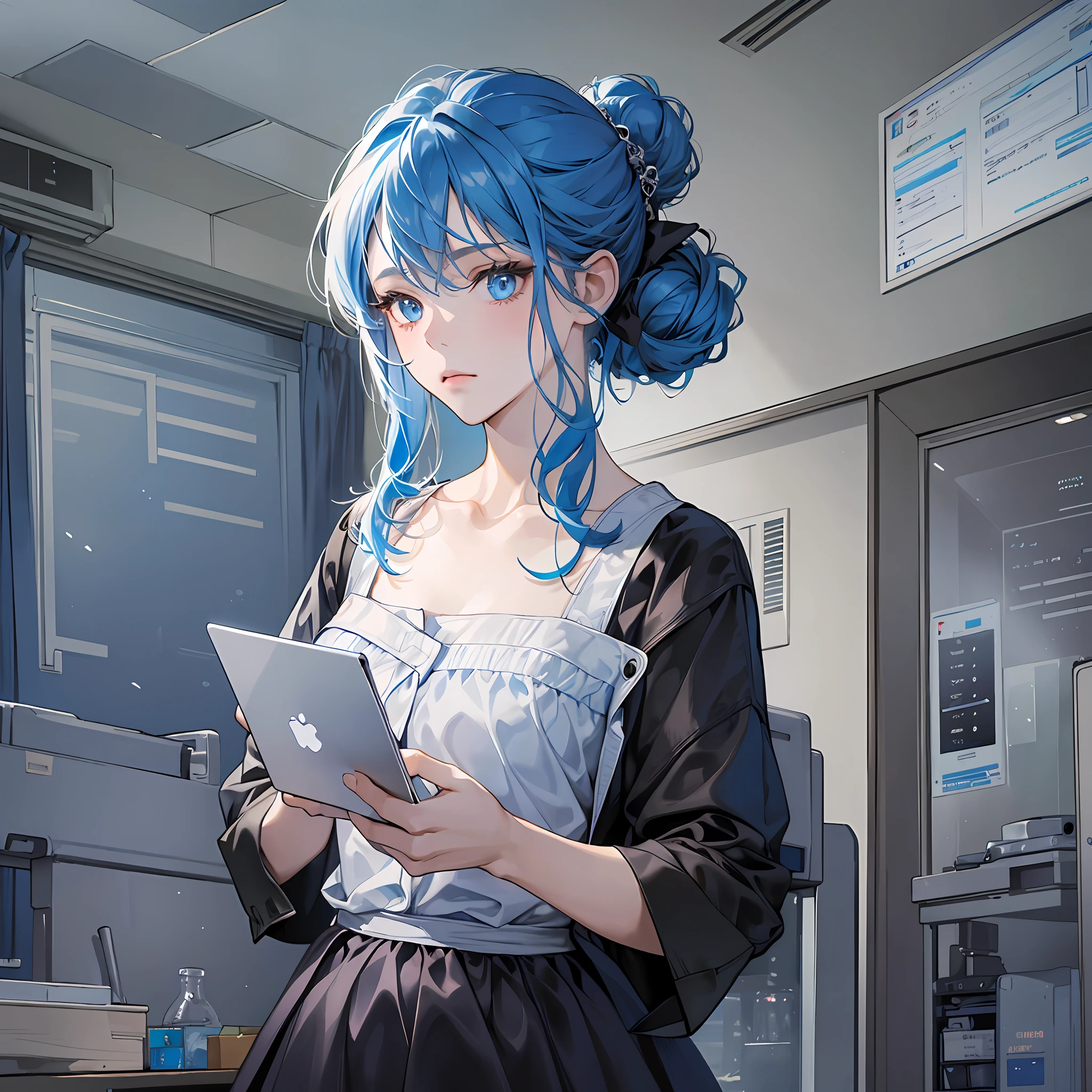 ((masterpiece)), (best quality), (detailed), (1girl), blue hair, blue eyes, updo, black dress, sad expression, standing in front of the hospital bed with a laptop in his hand, surrounded by medical equipment