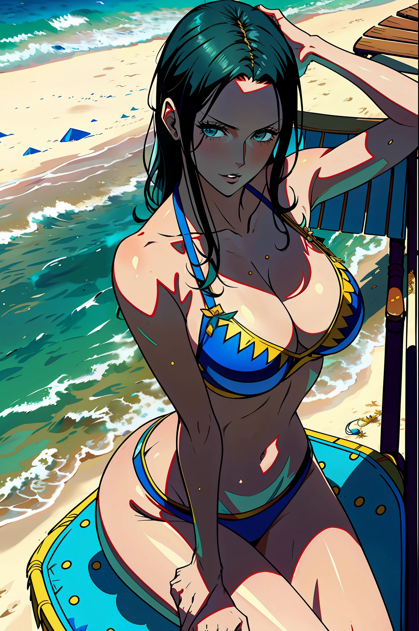 (masterpiece, high resolution, photorealistic:1.3), Nico Robin from the anime "One Piece" seated on a beach chair, basking in the sun. She wears a tiny blue bikini that barely covers her ample bosom. Her waist is slender, and her hips are curvaceous, creating a perfectly proportioned figure. Unintentionally striking a sensual pose on the chair, she radiates confidence and allure. Nico Robin's vibrant smile adds to her captivating charm. The scene is set on a picturesque beach, with golden sand and crystal-clear waters. The composition captures the essence of a beach goddess, emphasizing the beauty of Nico Robin's body, with attention to intricate details, lifelike textures, and a vibrant color palette. The image showcases the mastery of artistic techniques, including depth of field (DOF), super-resolution, high megapixel rendering, cinematic lighting, anti-aliasing techniques (FKAA, TXAA, RTX), SSAO (Screen Space Ambient Occlusion), post-processing effects, and tone mapping to create a visually stunning and alluring depiction of Nico Robin at the beach.