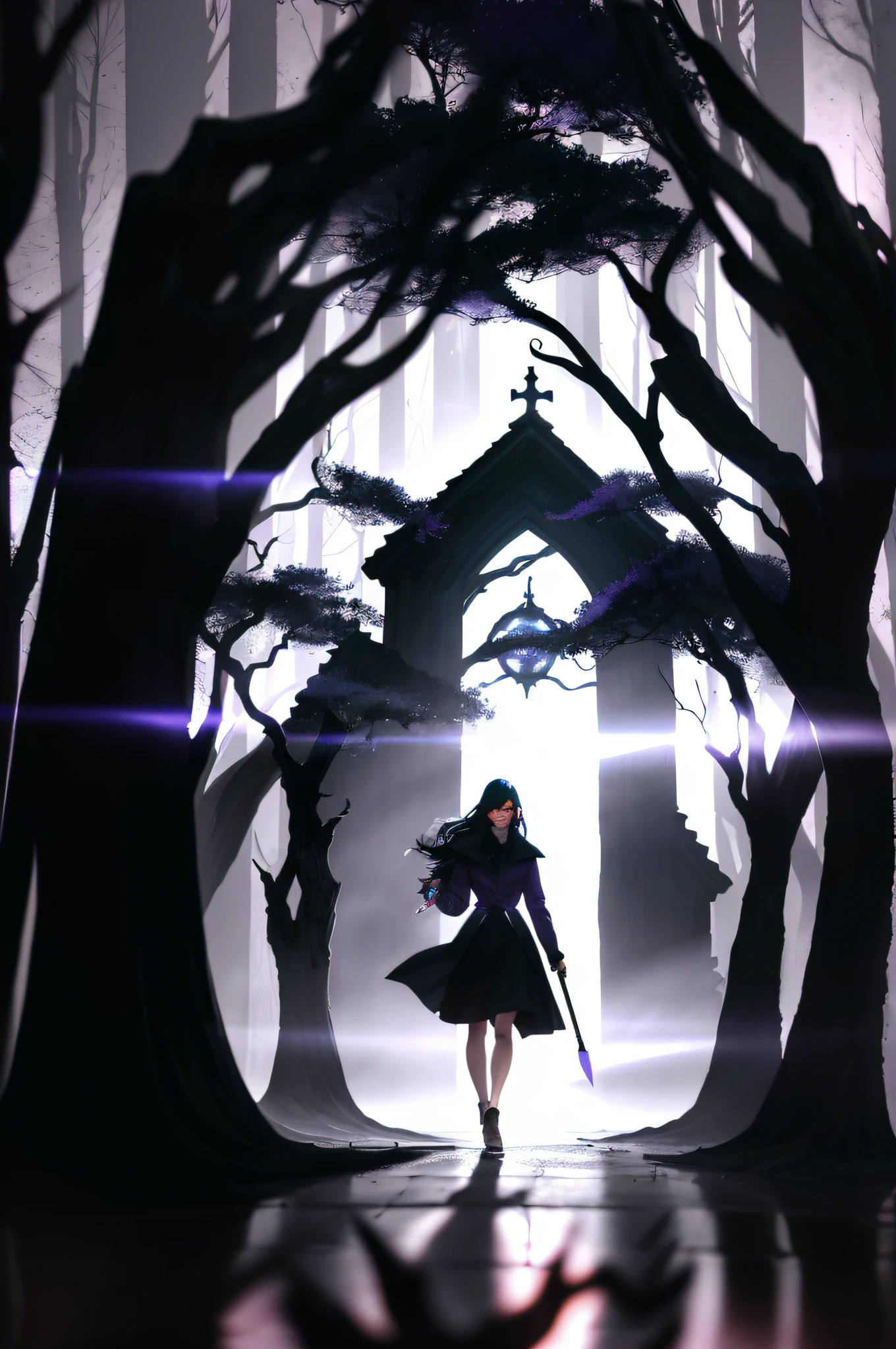 woman walking FRONT down a road at night towards a city, with fog and shadows, with a backpack, wavy and long black hair, high quality, ultra-detailed, 8k, masterpiece, (volumetric lighting), black magic, fanciful, lilac colors, purple, shadows and vivids on the woman's back, magic in their hands and a moon behind, witch's chapel, POWER WAND, AND LIVING SHADOWS, DETAILED FACE