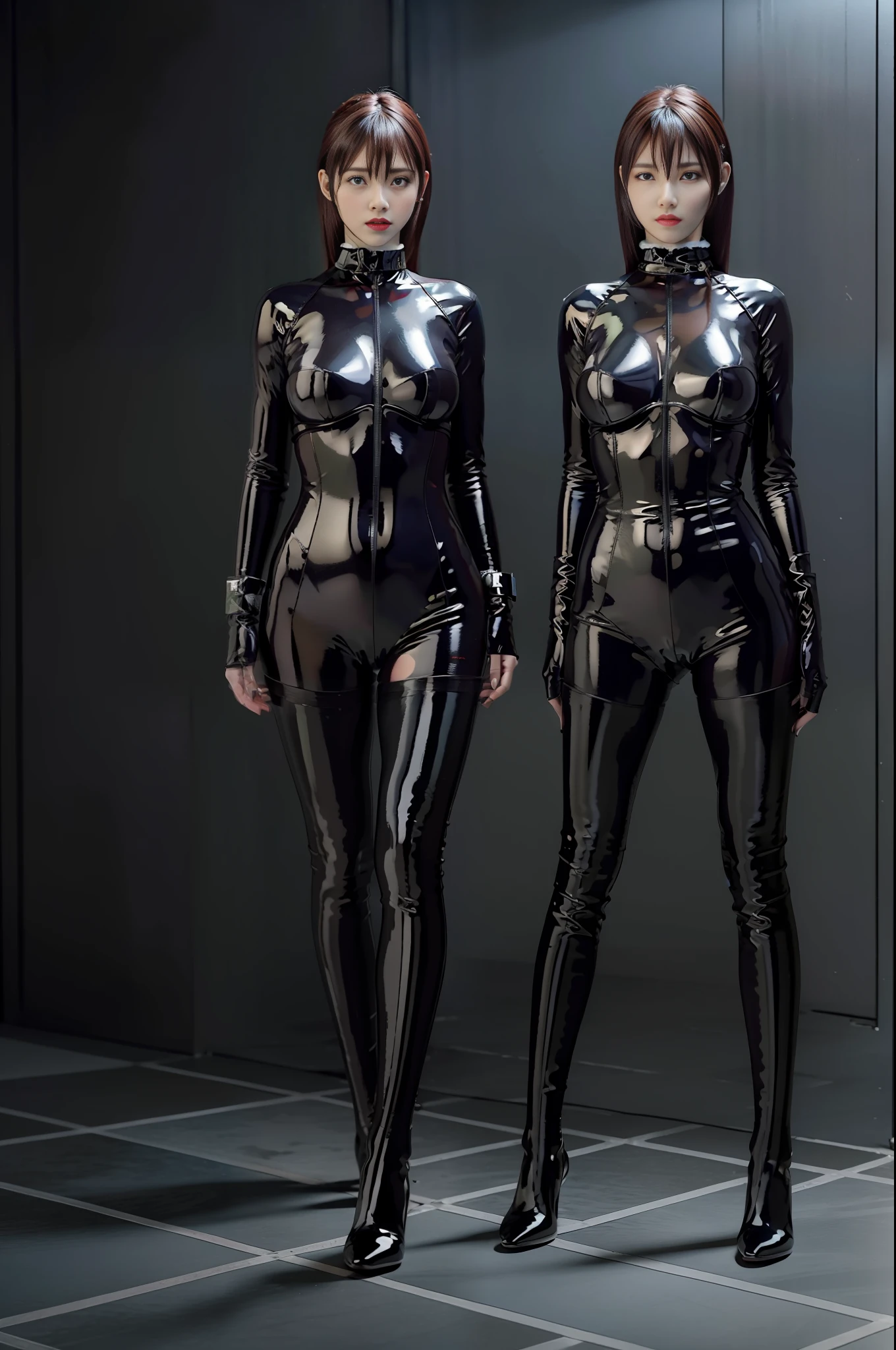full body picture Unreal Engine 5 8K UHD of 2 beautiful women, wearing tight latex catsuit covered whole body, latex hood, latex collar, latex body harness and lace, arm and leg cuffs, blindfold, latex long glove, cuddling, best quality, masterpiece