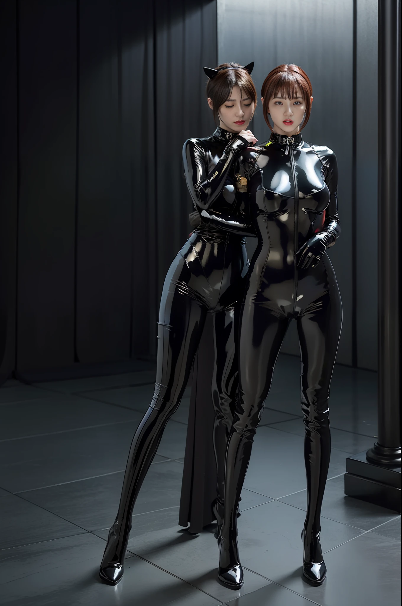 full body picture Unreal Engine 5 8K UHD of 2 beautiful women, wearing tight latex catsuit covered whole body, latex hood, latex collar, latex body harness and lace, arm and leg cuffs, blindfold, latex long glove, cuddling, best quality, masterpiece