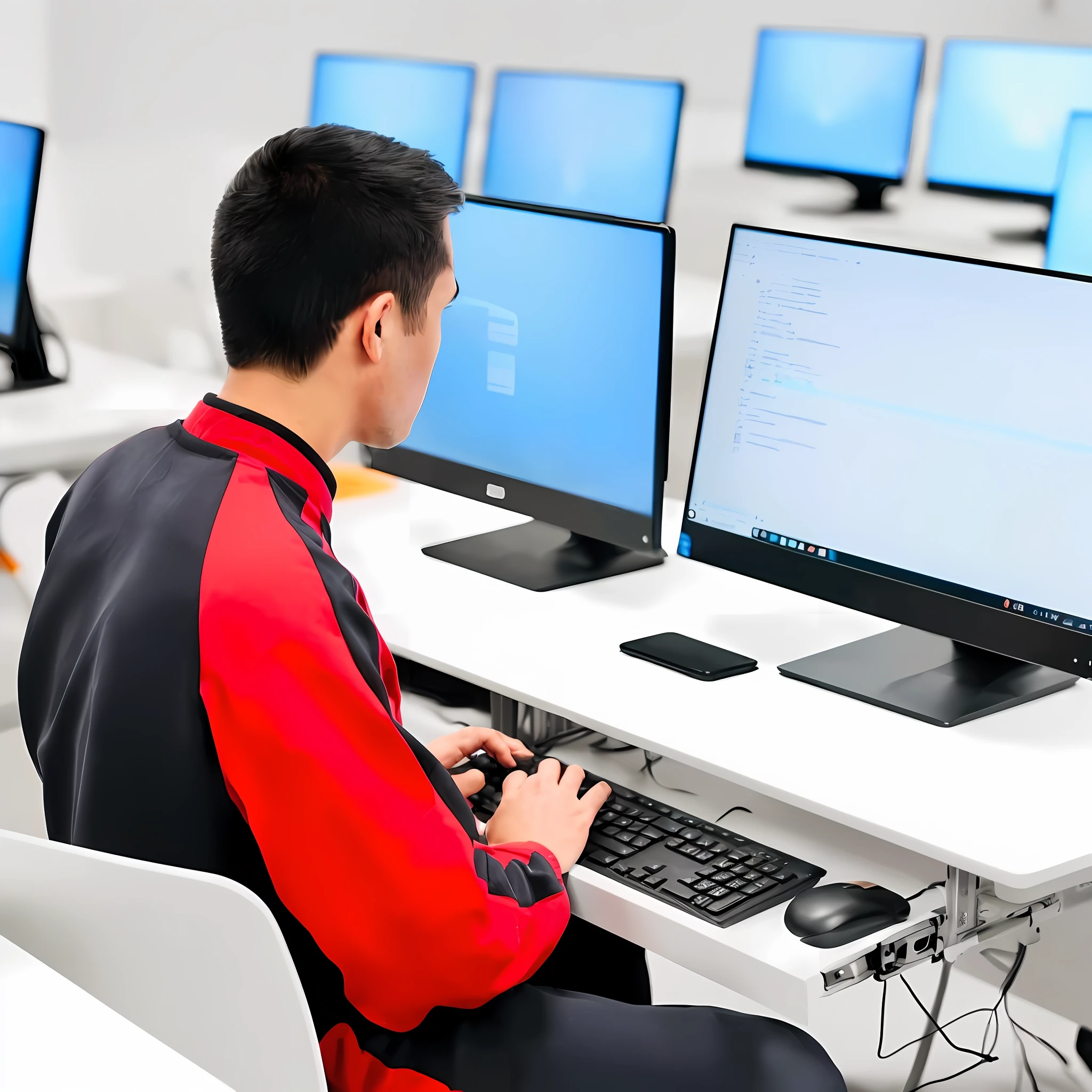 there is a man sitting at a desk with a computer on it, sitting at a computer, creative coder with a computer, sitting in front of computer, it specialist, computer science, in front of a computer, computers, sitting at a computer desk, advanced technology, coding time, technical, reddit post, student, computer