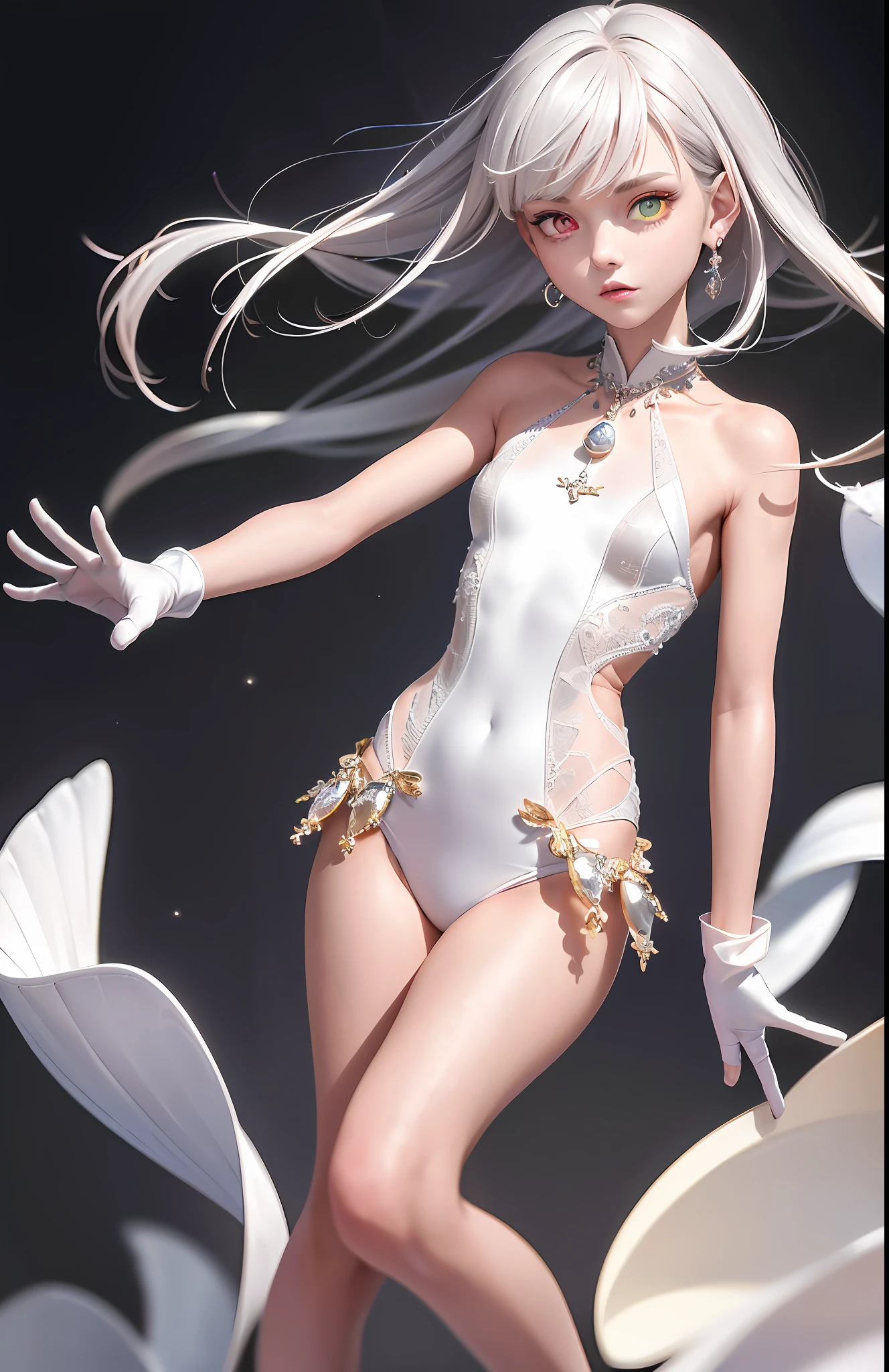 Best, Masterpiece, High Resolution, Best Quality, Ultra HD, Super Detail, Award-Standing, 16k, (Upper Body), Anatomically Correct, Beautiful Maiden, Gray Hair, Hair Strands, ((Heterochromia)), Hanging Corners, Fair Skin, (Small), (Slim Body), (Tuxedo)), Stud Earrings, (Neck Rings), (Very, Very Short Short Glove)