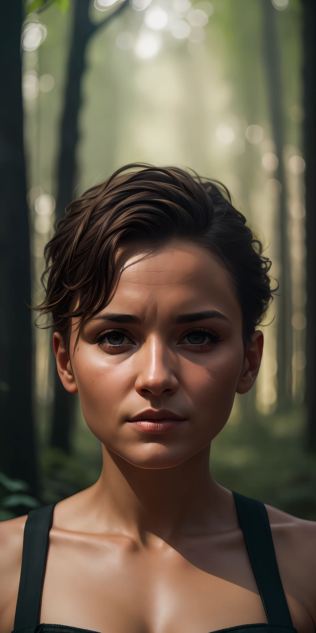 Masterpiece, a beautiful Ukrainian soldier woman, in a forest, Ukrainian aesthetic, short hair, very detailed lighting, dramatic, trendy digital art in Artstation 8k HD high definition detailed realistic, detailed, skin texture, hyper detailed, realistic skin texture, armor, best quality, ultra high res, (photorealistic: 1.4), high resolution, detailed, Raw photo, Sharp Re, by Lee Jeffries Nikon D850 Film Stock Photography 4 Kodak Portra 400 Camera F1.6 Rich Lens Hyper Realistic Colors Realistic Texture Dramatic Lighting UnrealEngine trend in ArtStation Cinestill 800