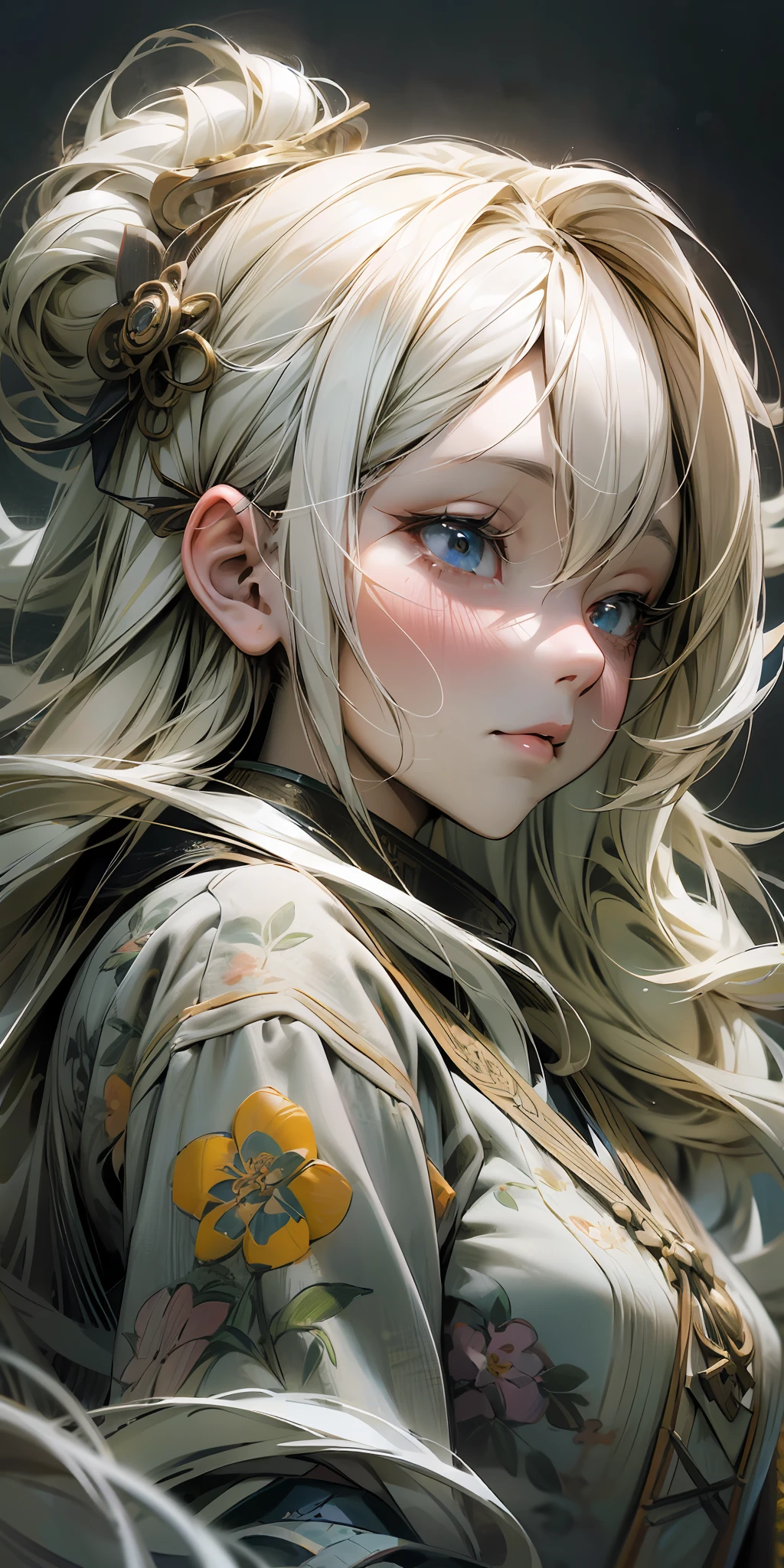 drawing of an anime girl with long white hair , wear - ing a floral shirt , in the style of unreal engine 5, photo - realistic compositions , high quality , hy - per - realistic sculptures , curvilinear , photo - realistic techniques , cartoon - like characters -- ar 9:16-- niji 5-- s 400-- style expressive