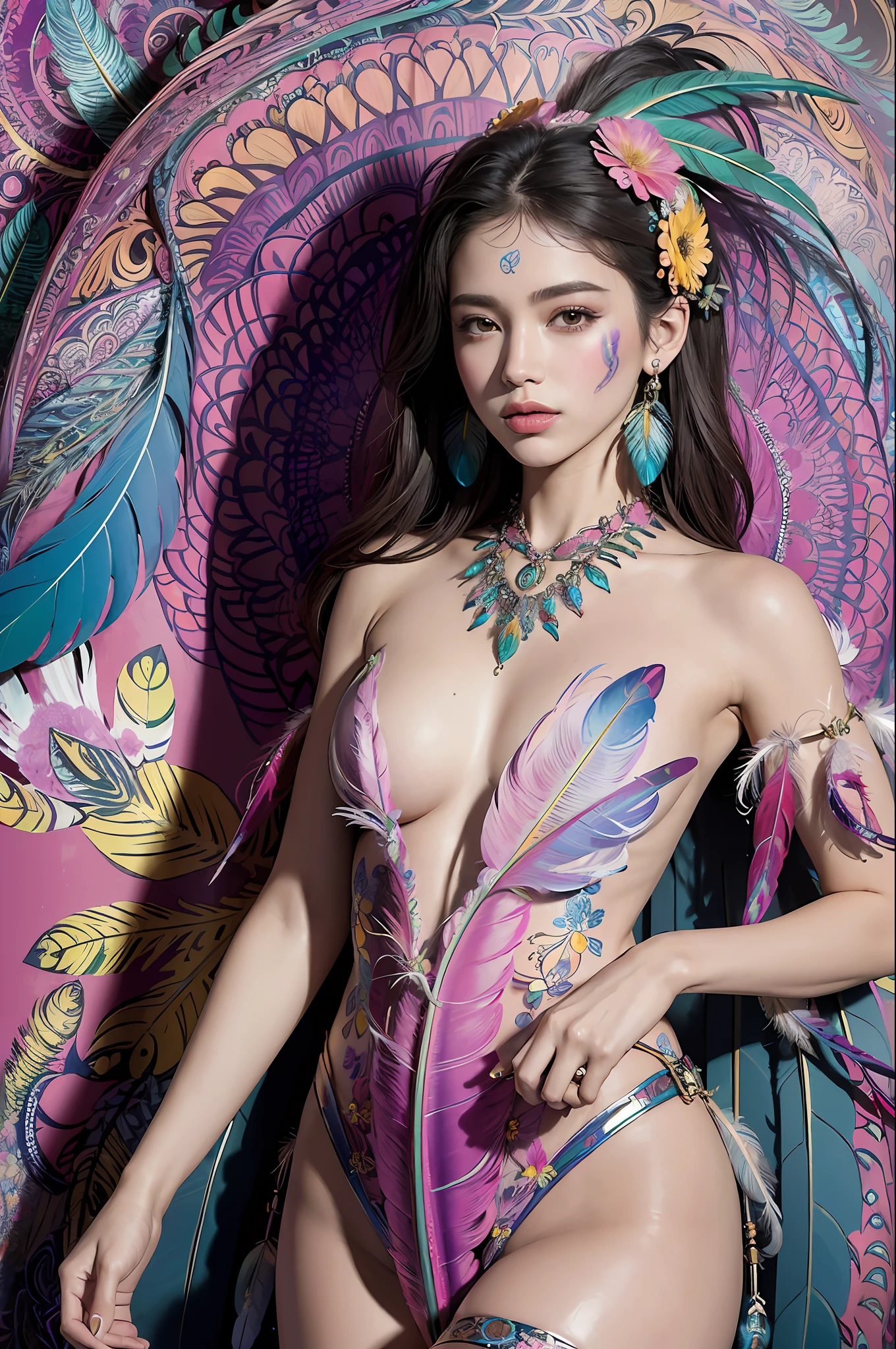 (masterpiece, top quality, best quality, official art, beautiful and aesthetic:1.2), (1girl:1.3), extremely detailed,(fractal art:1.1),(colorful:1.1)(flowers:1.3),highest detailed,(zentangle:1.2), full body, (abstract background:1.3), (shiny skin), (many colors:1.4), ,(earrings), (feathers:1.5),