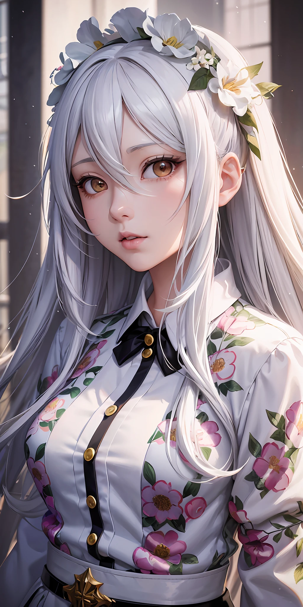 drawing of an anime girl with long white hair , wear - ing a floral shirt , in the style of unreal engine 5, photo - realistic compositions , high quality , hy - per - realistic sculptures , curvilinear , photo - realistic techniques , cartoon - like characters -- ar 9:16-- niji 5-- s 400-- style expressive