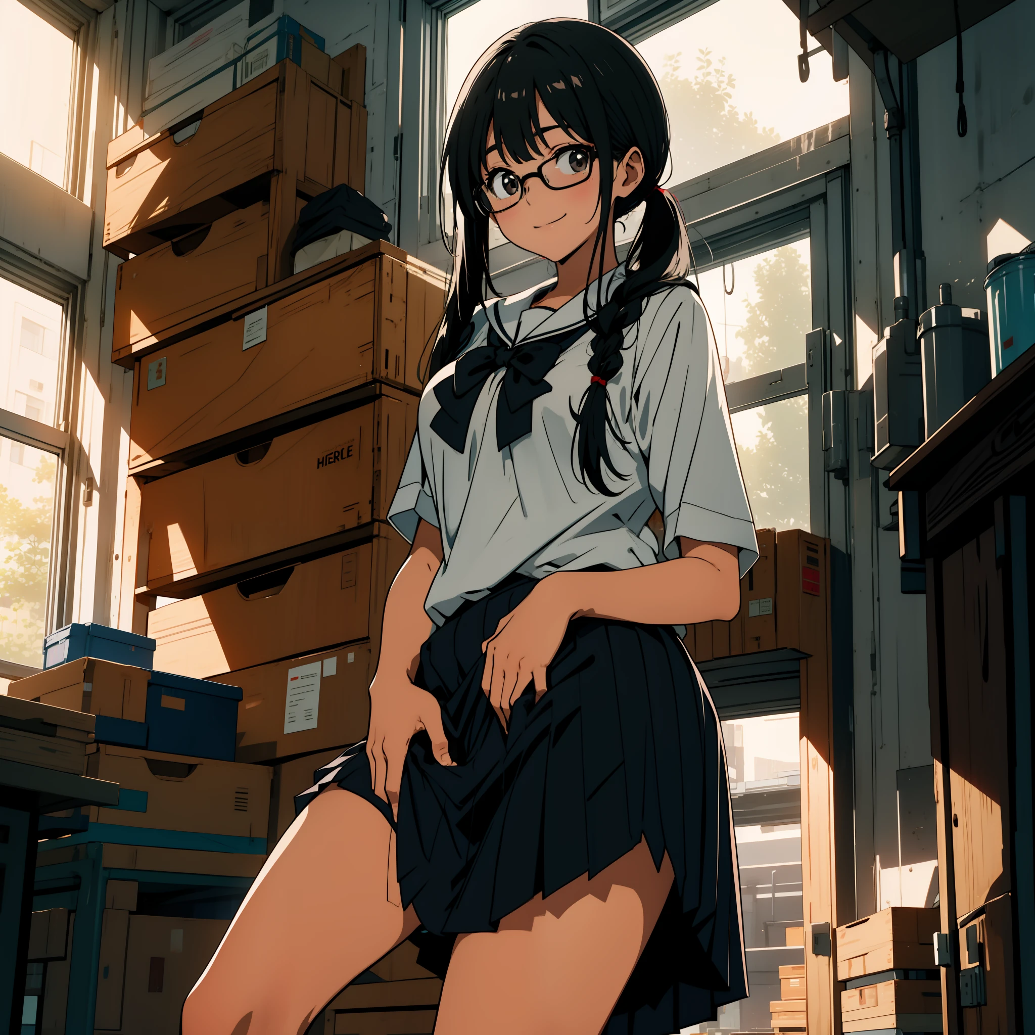 lying in bed, showing off your crotch, putting your hands on your crotch, clear liquid leaking out of your crotch, cute underwear, long bangs, dimly lit warehouse, smiling girl, , school uniform, big breasts, black hair pigtails, patsun, black hair, brooding, glasses, chubby,, red cheeks, ecstasy,