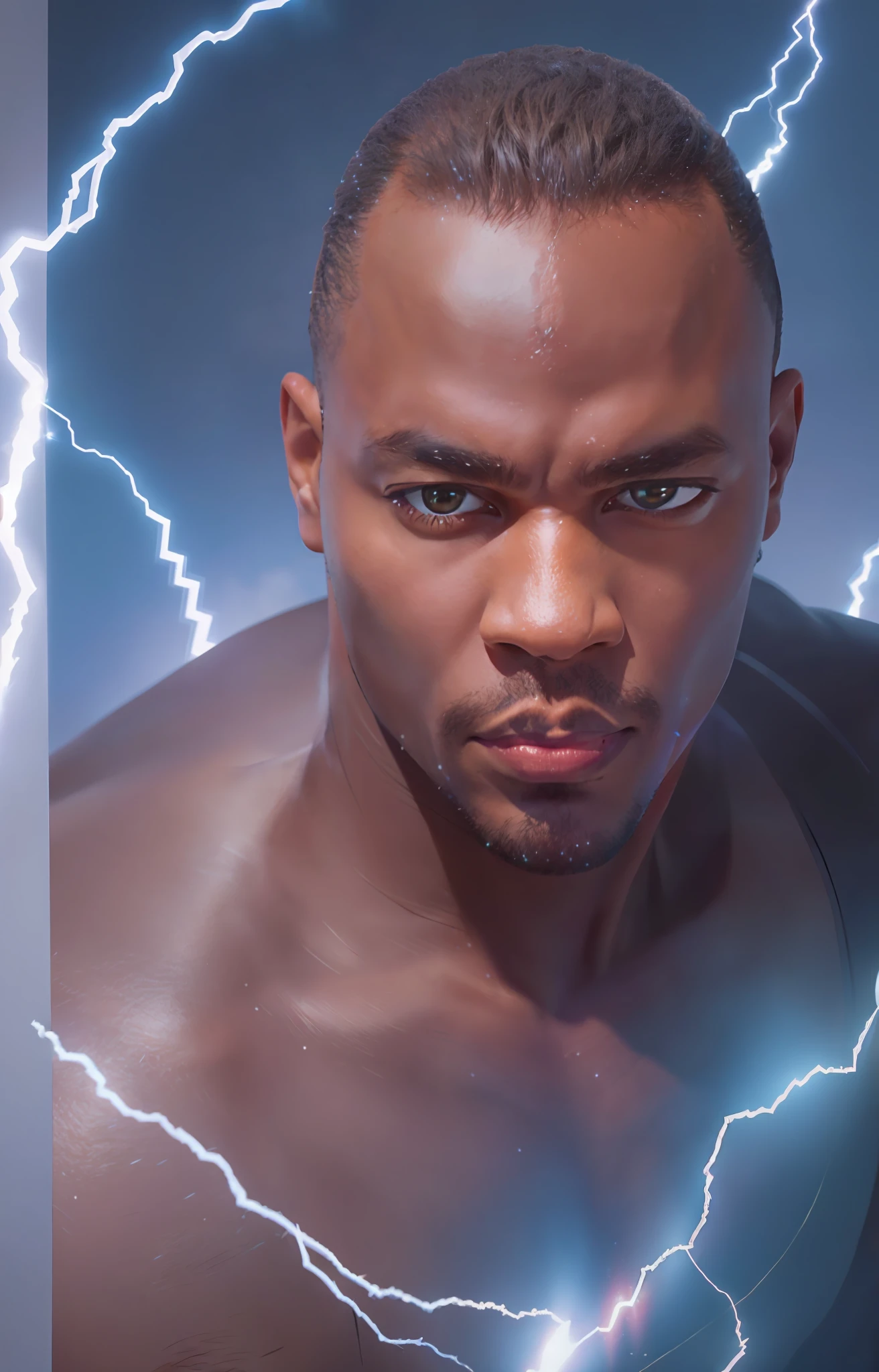 Create a close-up realistic image of herman, in a close-up of a brunette man, shaved head, with a lightning bolt in hand, perfect eyes, full portrait of electromancer, crackling black lightning, black lightning, an epic anime of a man of energy, bald superhero of 32, superpowers of electricity, super saiyan, master of lightning, epic style of comics, lightning,  with lightning, wearing next to the hero black Adam