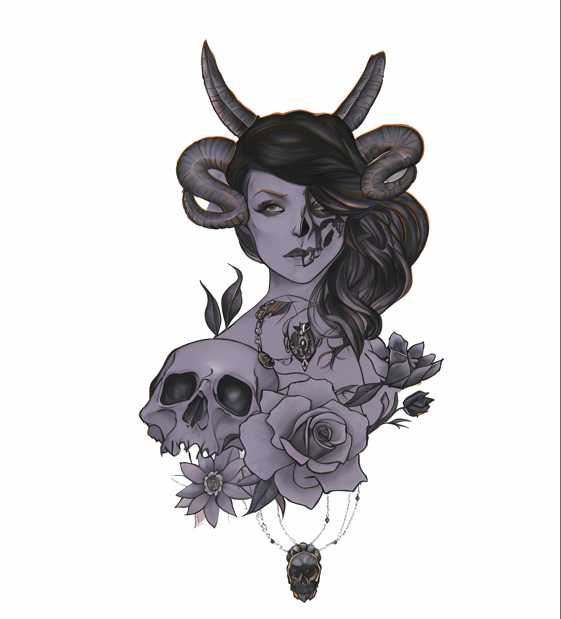 arafed woman with horns and roses with a skull and a necklace, girl design lush horns, adorned with demon skulls, tattoo design, horned ram goddess, skulls at her hips, tattoo sketch, colored illustration for tattoo, concept tattoo design, goddess of death, demoness, dark linework, by Randy Vargas, demon girl, tattoo design sketch, added detail