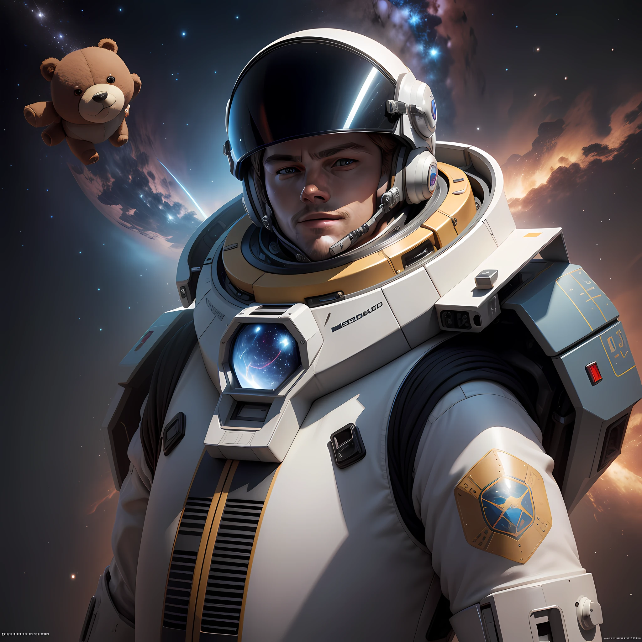 A hyper-realistic image that depicts Leonardo DiCaprio in space, smiling as he floats in zero gravity. At his side is a robot bear that follows his movement with curiosity. Leonardo is dressed in a futuristic space suit, equipped with all the details and technologies necessary for space exploration. His face radiates joy and fascination as her hair floats gently around him. The surrounding space environment is stunning, with bright stars and colorful nebulae filling the background. The sunlight reflected off the visor of Leonardo's helmet creates a dazzling effect, highlighting his facial features and captivating expression. The robot bear is represented in incredible detail, with bright metallic textures and realistic joints. His presence adds an element of surprise and wonder to the scene, showing the fusion between technology and space exploration., ray tracing, chromatic aberration abuse, 8k, anatomically correct, textured skin, 8k, high details
