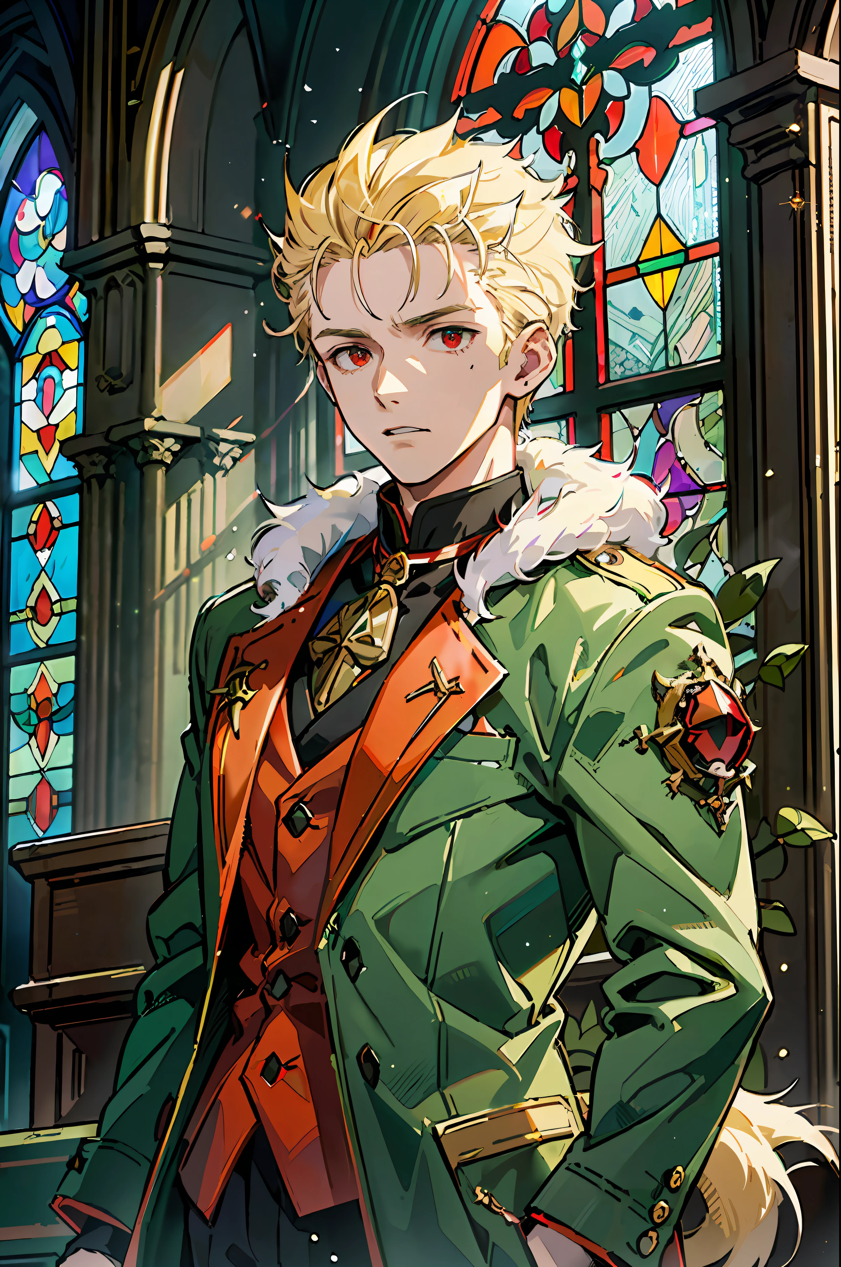 ((Masterpiece: 1.4, Best Quality)), (Short Blonde), (Spiked Hair), Red Eyes, (Green Coat: 1.3), Wolf Ears and Tail, (Church: 1.2), (Stained Glass: 1.3), One Young Man, Handsome, Pillar, Sky Cover, (Light Particles), (Moonlight Coming Through Window), Halloween