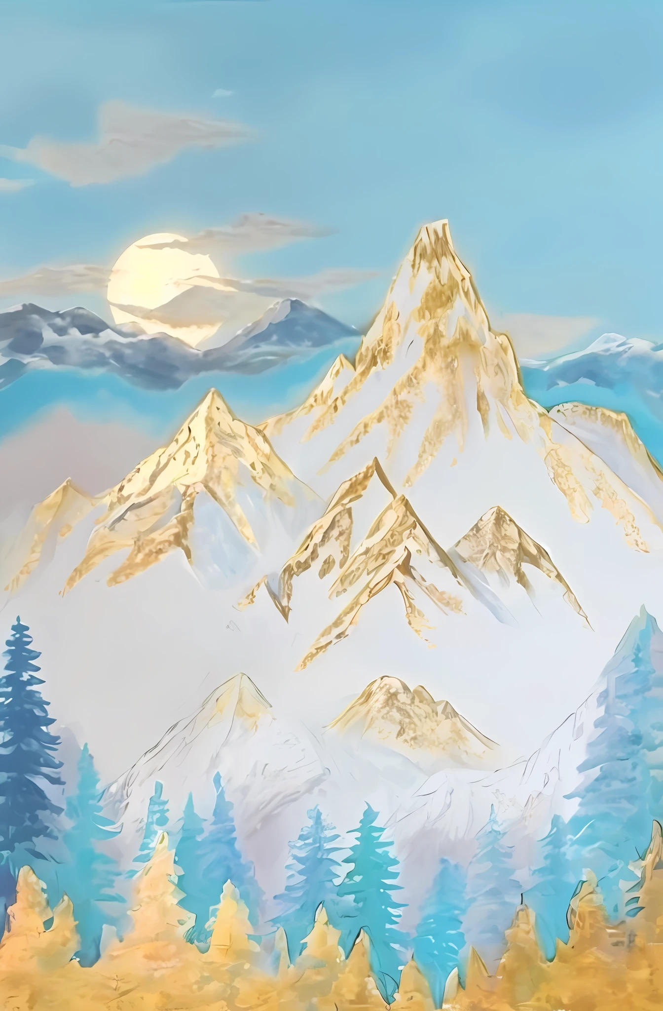 painting of a mountain scene with pine trees and a full moon, mountains in a background, mountains on the background, icy mountains, mountains on background, mountainscape, gold leaf painting, moutains, icy mountains in the background, mountains in the background, some mountains in the background, snowy peaks, mountains in background, detailed acrylic painting, mountain scene, high mountains