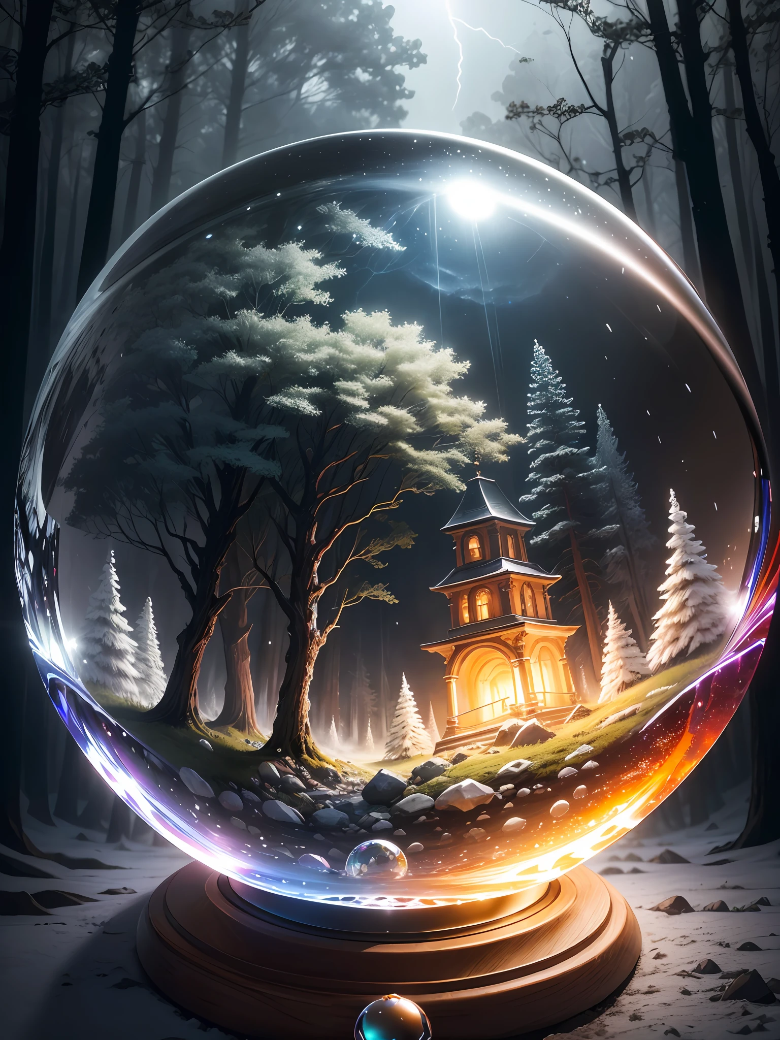 Ultra-realistic, 16K high resolution, (Max Sharp Focus: 1.3), (Max Close-up: 0.5), (Thawing creek trapped in a crystal perfect ball with pedestal: 1.7), (Forest, storm, black clouds, lightning, fantastic fog: 1.3),