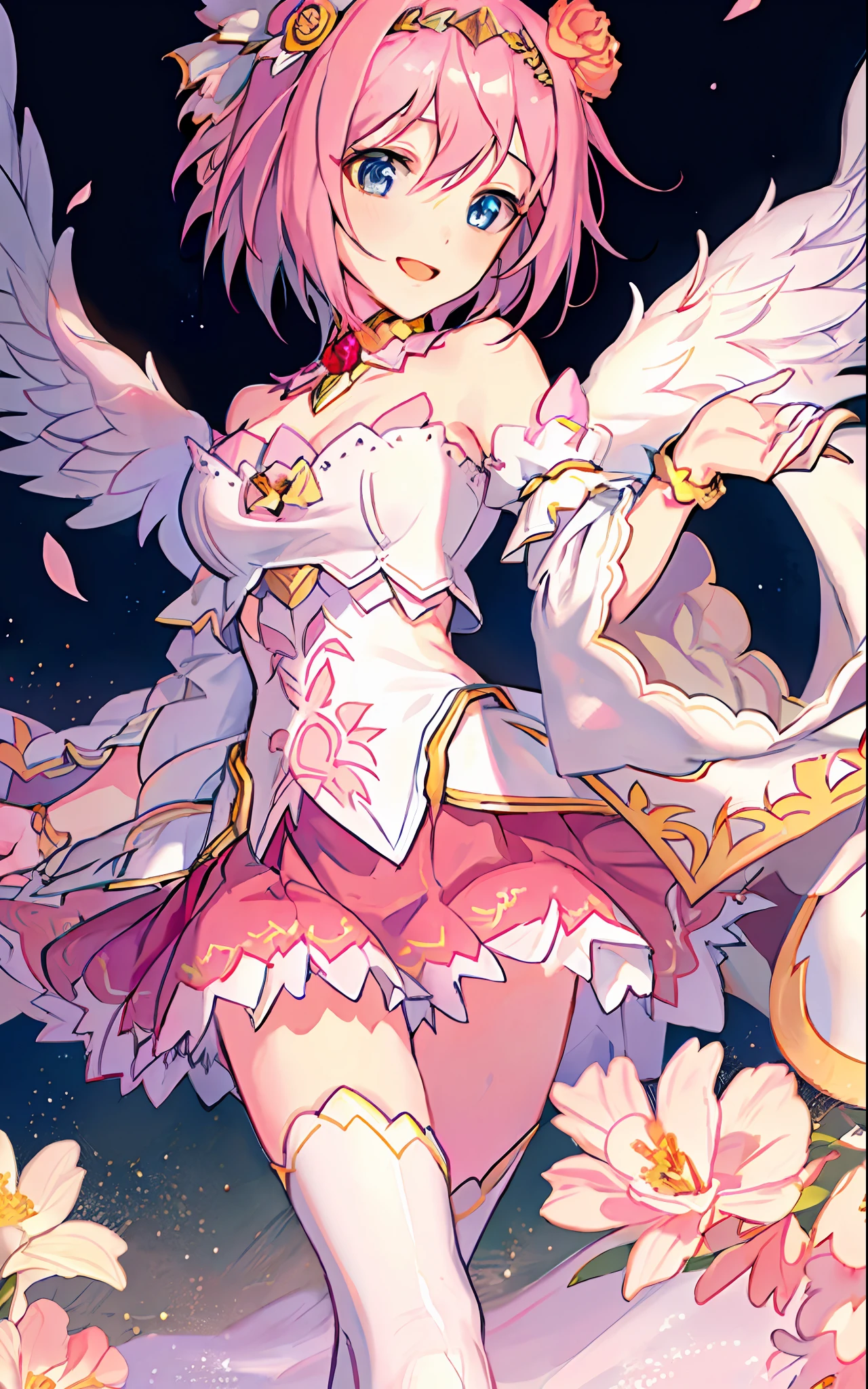 18 year old beautiful girl, masterpiece, best quality, 8K animation, detailed fingers, precise fingers, not unnatural hands, illustration, 1 girl, solo, pink bob cut, gold crown, flower hair ornament, sagging eyes, red mini skirt, YUI