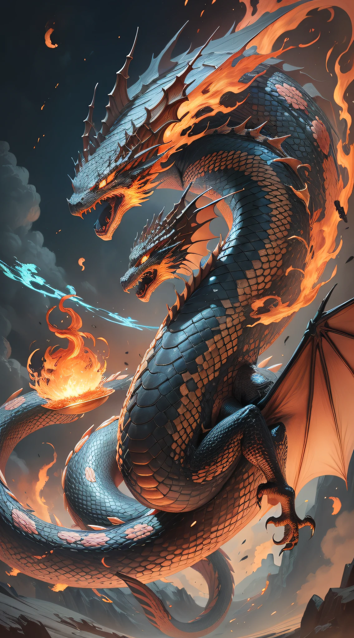 The half-dragon giant snake, with flames on its body, hovered, roaring outward