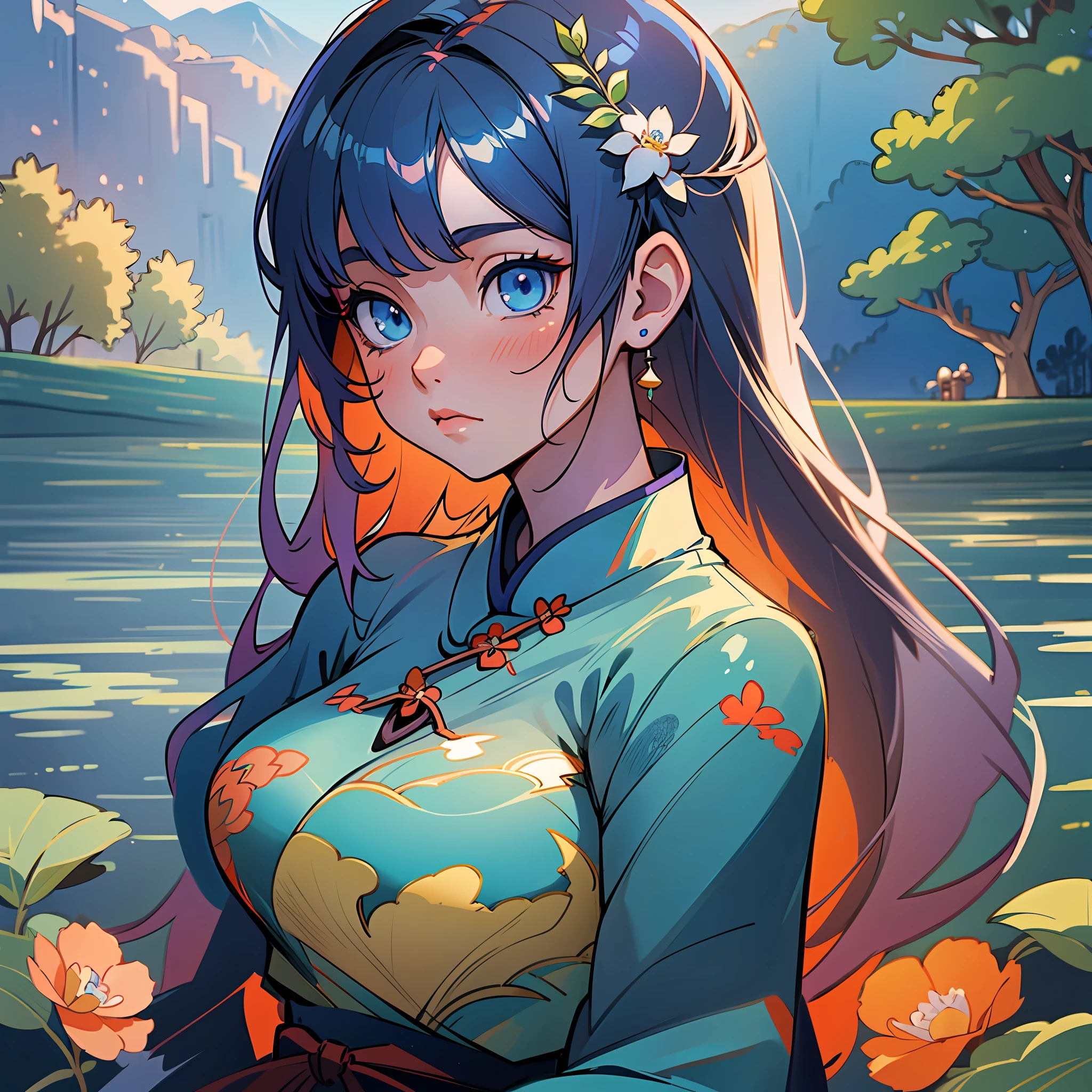 Very beautiful anime girl, delicate facial features, super clear portrait, sitting on a rock in the lake, beautiful digital artwork, Guvez style artwork, beautiful seductive anime woman, (((side light))), Japanese goddess, beautiful digital art, Ross Tran. Swiss countryside landscape background, beautiful anime artwork, very beautiful digital art, ((blue eyes)), ((white tight cheongsam)), cute detailed digital art, --auto --s2