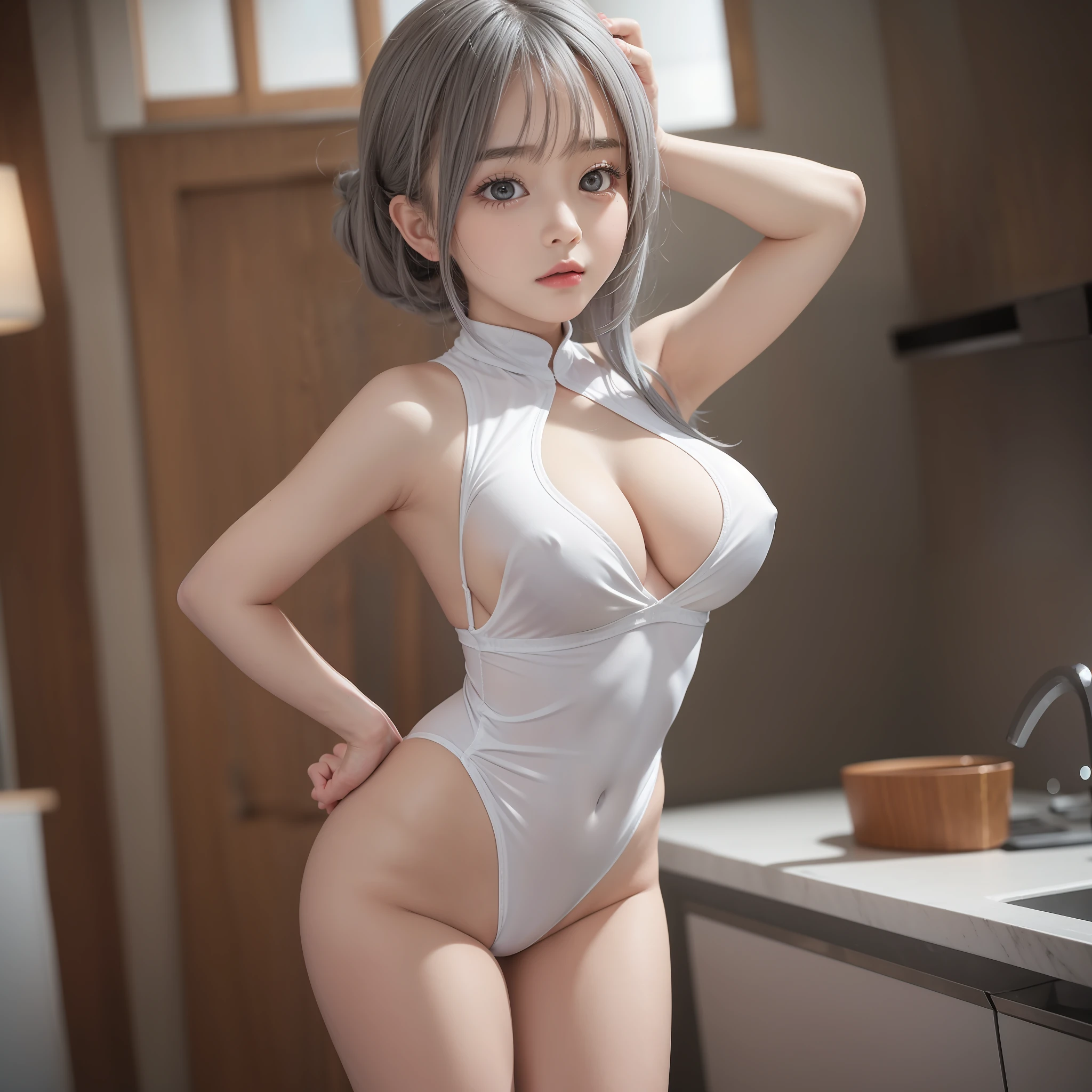 best quality, slr, single girl, white bodysuit, perfect figure, loli figure, little girl, big 1.5, cleavage, body line, gray hair, watching viewer, standing