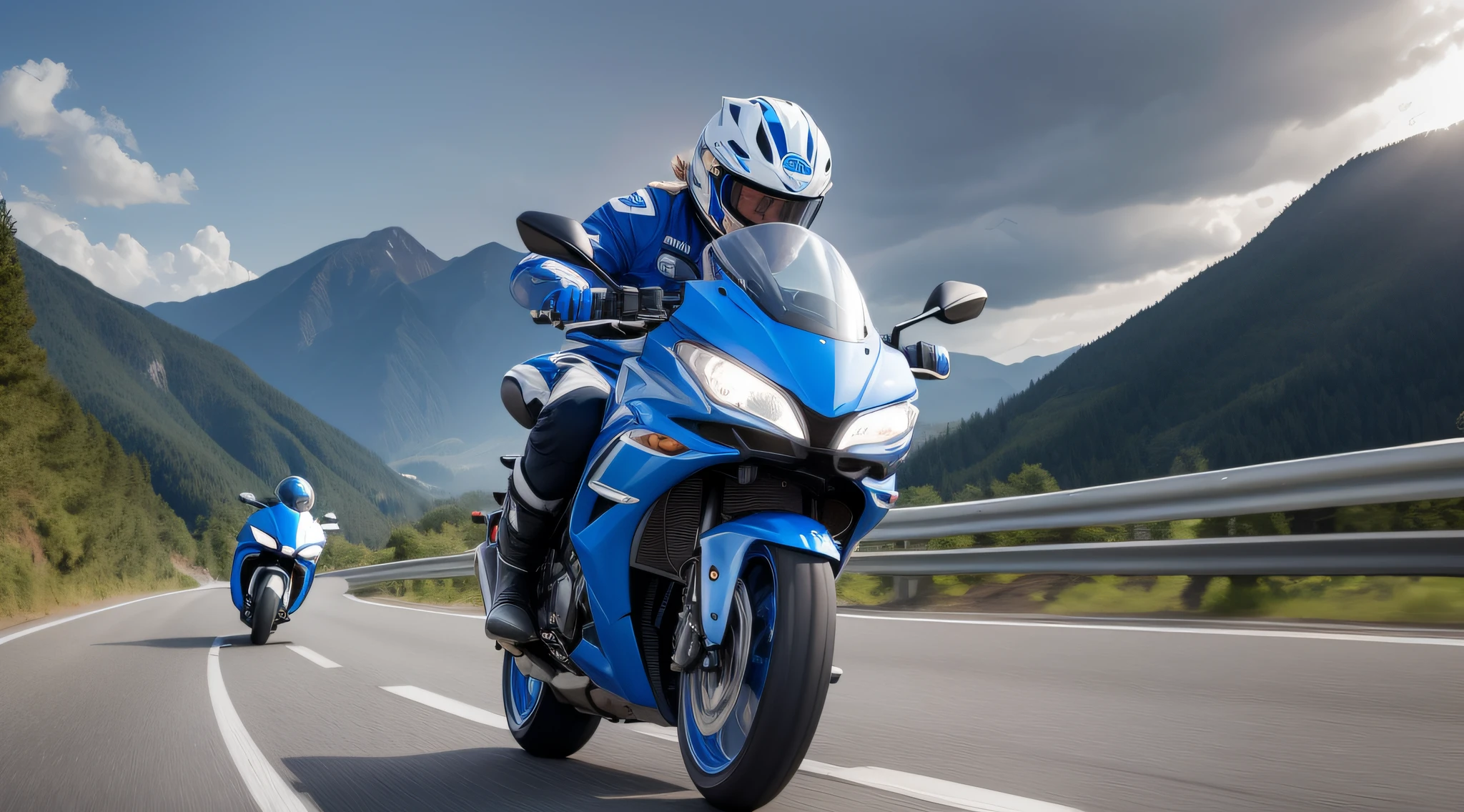 [Illustration storyboard] comic page, there are multiple pictures on one page: a Chinese man, wearing a blue and white helmet, riding a blue and white motorcycle, braving the wind and rain, driving on the road between the mountains and forests (back, driver's perspective), (GoPro, f/2.8, motion blur, diffuse backlight). [Multi-angle continuous shooting] in Nicolas Bouvier's style, cobalt blue and reflective silver, motion picture film P30, split composition