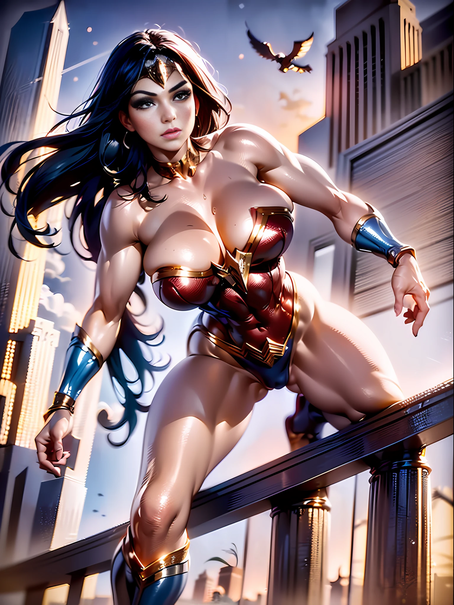((Full body photo, feet on the ground, from below)). Wonder Woman, (intricate details, makeup), (delicate and beautiful delicate face, delicate and beautiful delicate eyes, perfectly proportioned face), (Realistic glowing skin: 1.0), delicate skin, strong and realistic blue eyes, realistic black hair, lips, makeup, natural skin texture, tiara, jewelry, star \(symbol\), leotard, bulletproof gauntlet, red boots, golden belt, (public clothing: 1.5), bare shoulders, slightly sunburned complexion, Mature, sexy, elastic muscles, (muscles:1.2), ((strong and healthy body)), (((more) muscles))), long legs, curves, (big breasts: 1.3), cleavage, thin waist, soft waist, (delicate skin), (beautiful and sexy woman), (swollen lips: 0.9), (eyelashes: 1.2), very delicate muscle definition, perfect body, extremely exhibitionist, extremely tight on the body. ((standing on a church pylon, city background, night, city sign)). ((head-to-toe, whole body)). serious, clenched fists, fighting position, 16k, high quality, high details, award winning, highres, textured skin, anatomically correct, masterpiece, accurate, UHD