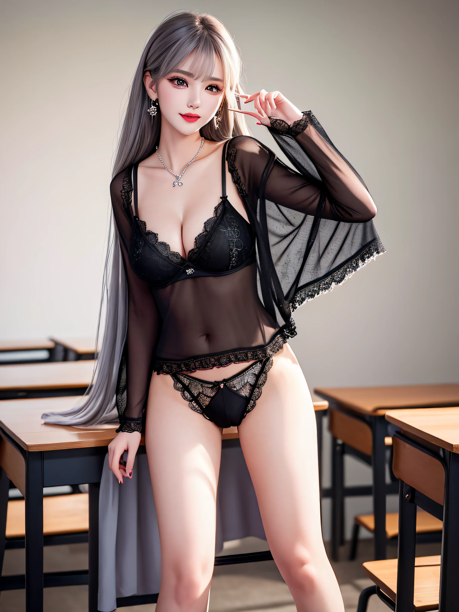 ((Sexy Pose in the Classroom, Female Teacher)) v6, Necklace, Earrings, Full Body V6, (Long Gray Hair), ((Black Sheer Lace Underwear)), Looking, Superb, Ultra High Definition, RAW Photography, Realism 1.25), (Bright Lip Gloss, Long Eyelashes, Smooth) Face, Bright Skin, Natural Shadows, Wide Light, Wide Light, Depth of Field, Strong Colors, Subtle Caulstics: 0.8), Smile, (Big), V6, Real, ((Open Legs Provocative Pose))