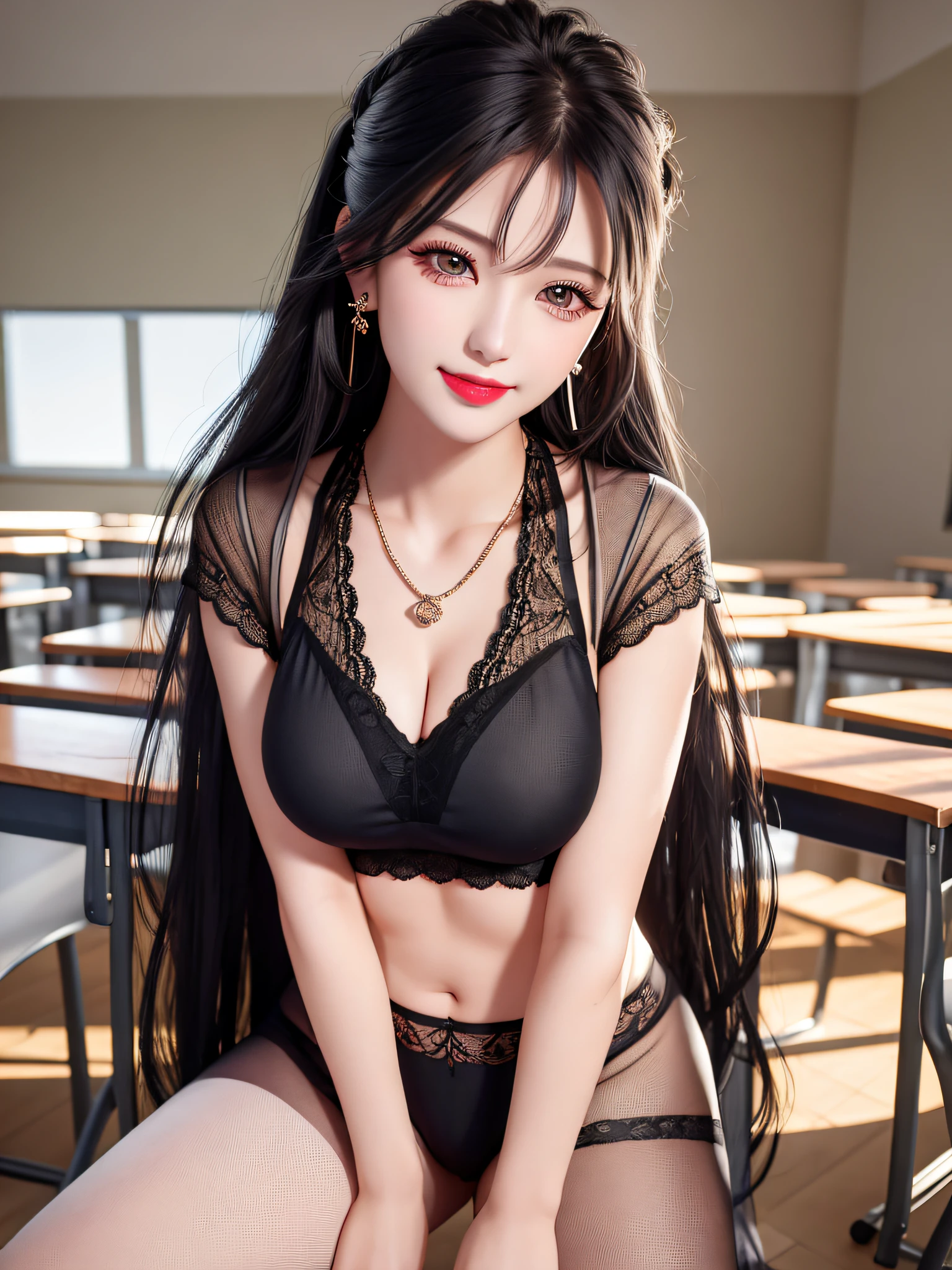 ((Sexy Pose in the Classroom, Female Teacher)) v6, Necklace, Earrings, Full Body V6, (Long Gray Hair), ((Black Sheer Lace Underwear)), Looking, Superb, Ultra High Definition, RAW Photography, Realism 1.25), (Bright Lip Gloss, Long Eyelashes, Smooth) Face, Bright Skin, Natural Shadows, Wide Light, Wide Light, Depth of Field, Strong Colors, Subtle Caulstics: 0.8), Smile, (Big), V6, Real, ((Open Legs Provocative Pose))