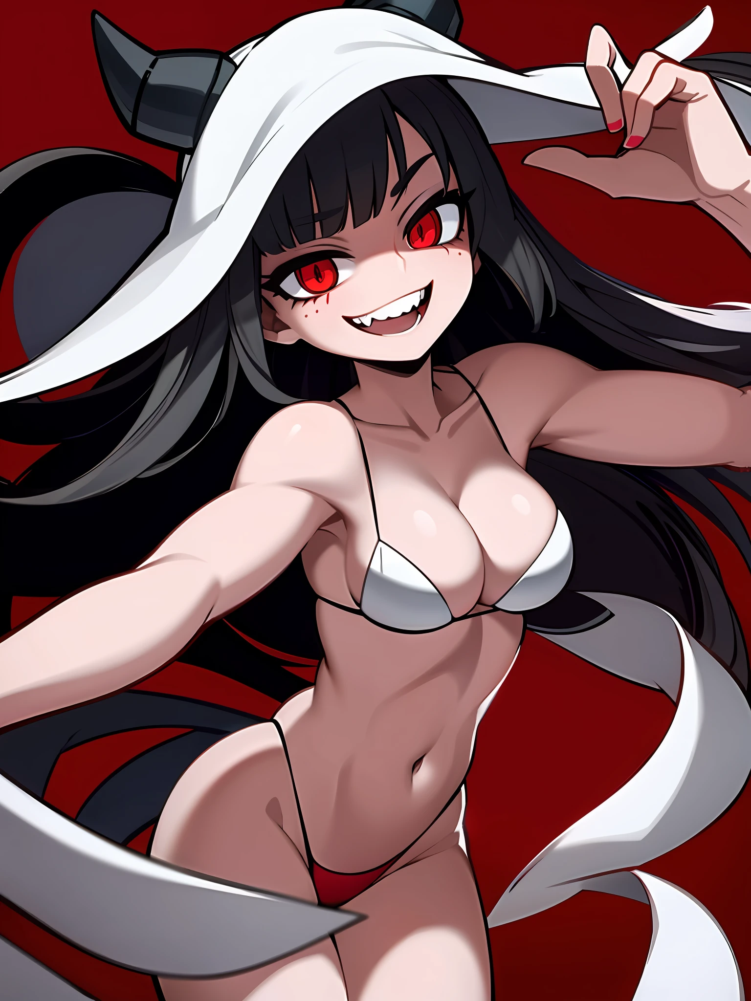 masterpiece, best quality, yameroyandere, (crazy smile: 1.2), yandere, red background, constricted pupils, red eyes, blood on face, empty eyes, large breasts, gothic woman, long black hair, deep shadows, horns