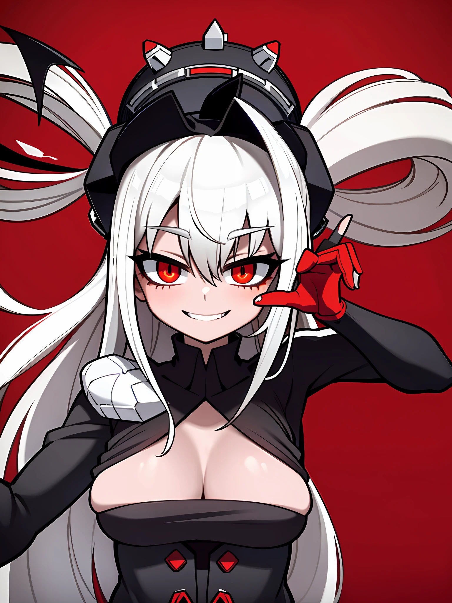 masterpiece, best quality, yameroyandere, (crazy smile: 1.2), crazy eyes, yandere, red background, constricted pupils, red eyes, blood on face, empty eyes, large breasts, gothic woman, horns, demon cyborg necromancer girl