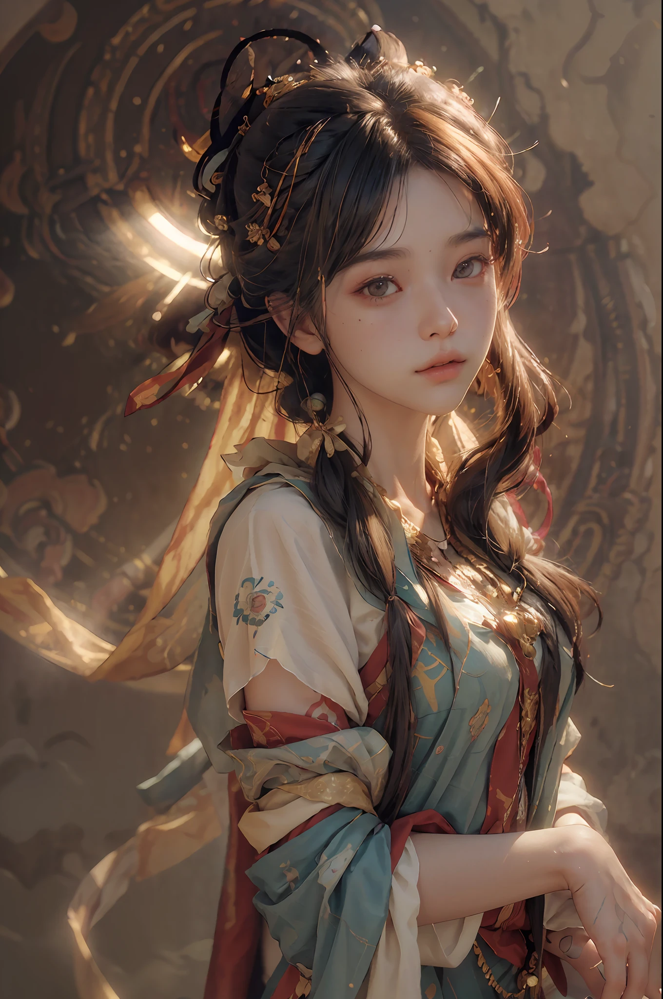 (RAW photo, best quality), (realistic, photo-realistic:1.3),best quality,highly detailed,masterpiece,ultra-detailed,illustration,1girl,upper_body,dynamic angle,world masterpiece theater,messy_long_hair,best quality,extremely detailed CG unity 8k wallpaper,ink,Amazing,cinematic lighting,lens_flare, dunhuang_style